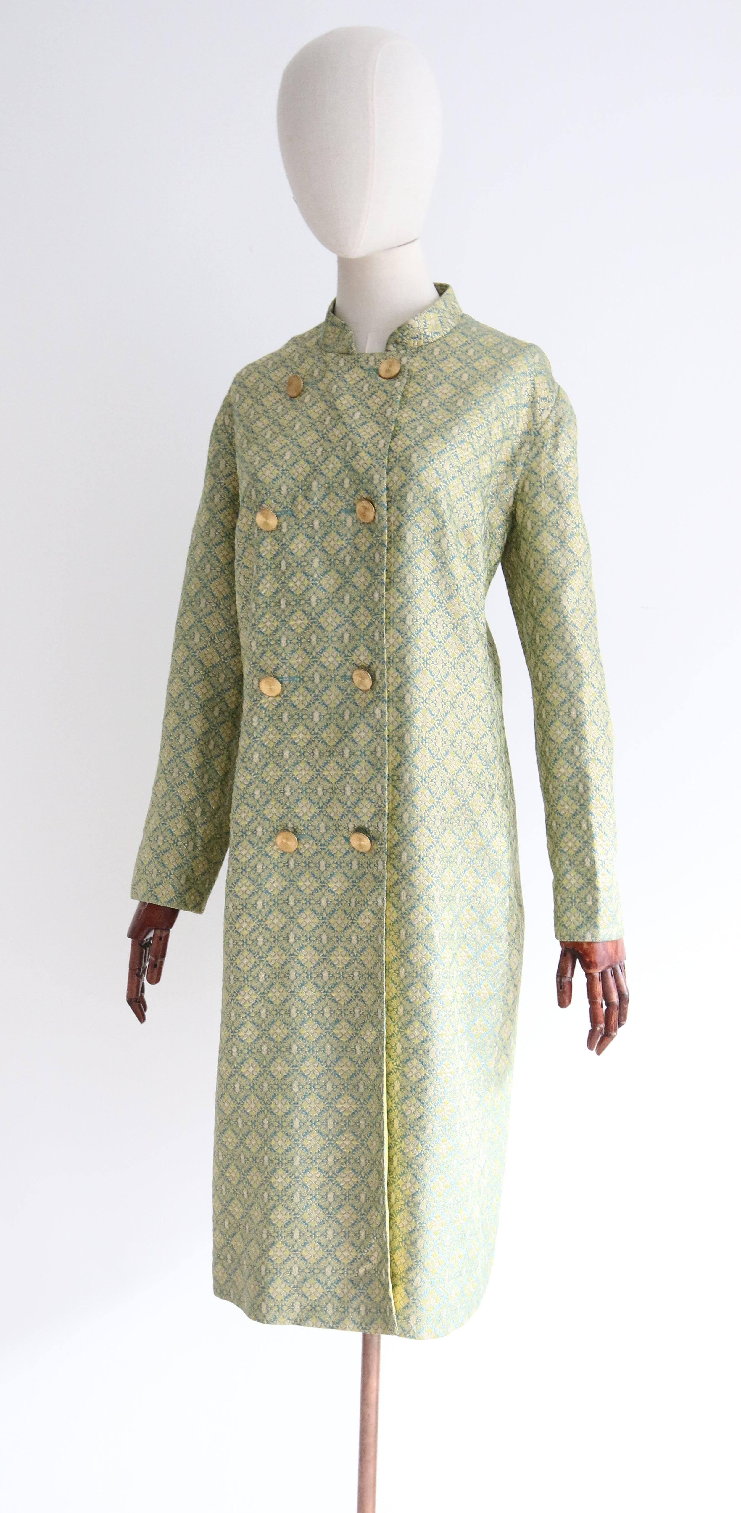 Vintage 1960's Turquoise and gold geometric lurex double breasted coat UK 14-16 For Sale 1