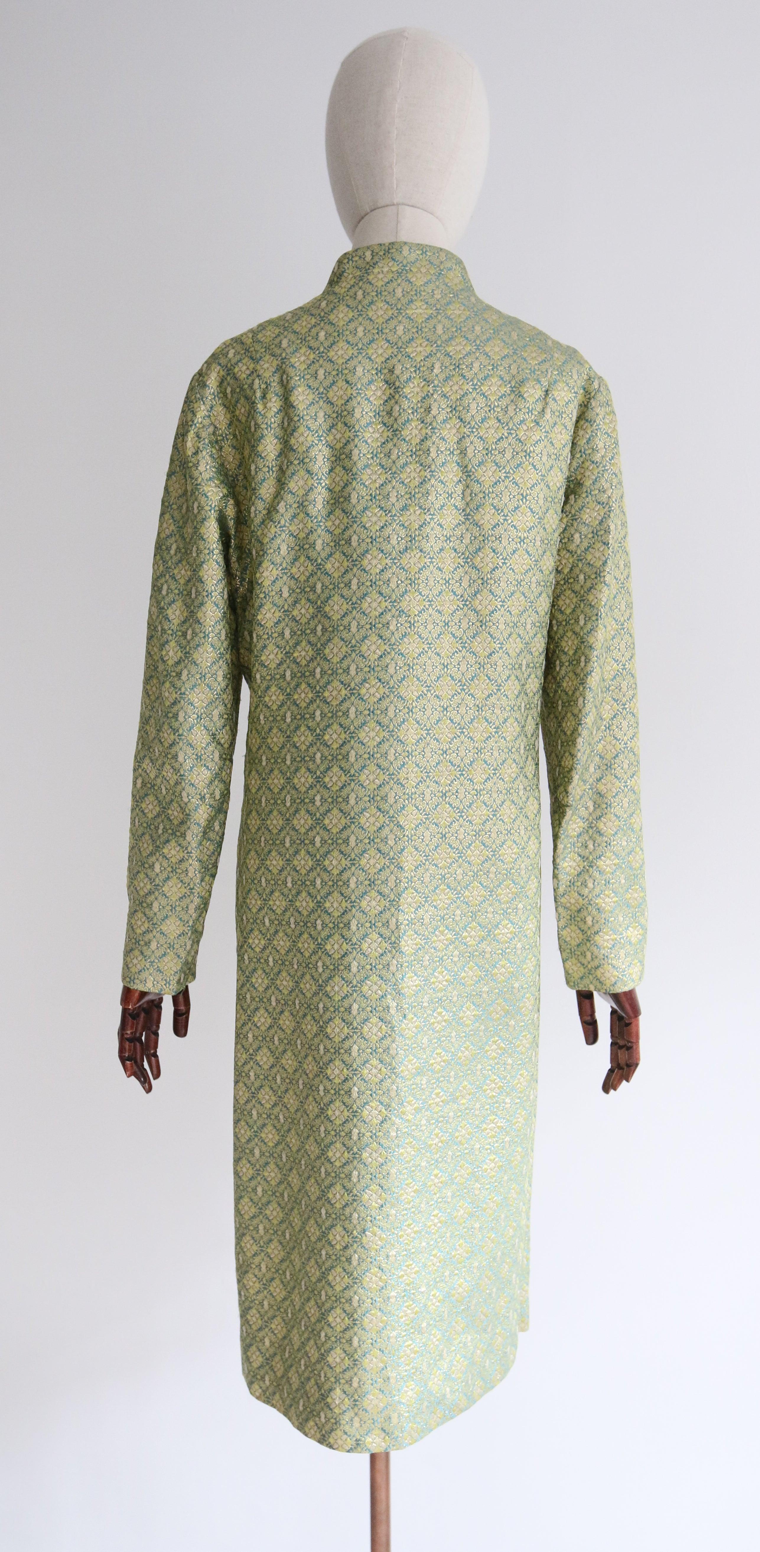 Vintage 1960's Turquoise and gold geometric lurex double breasted coat UK 14-16 For Sale 2