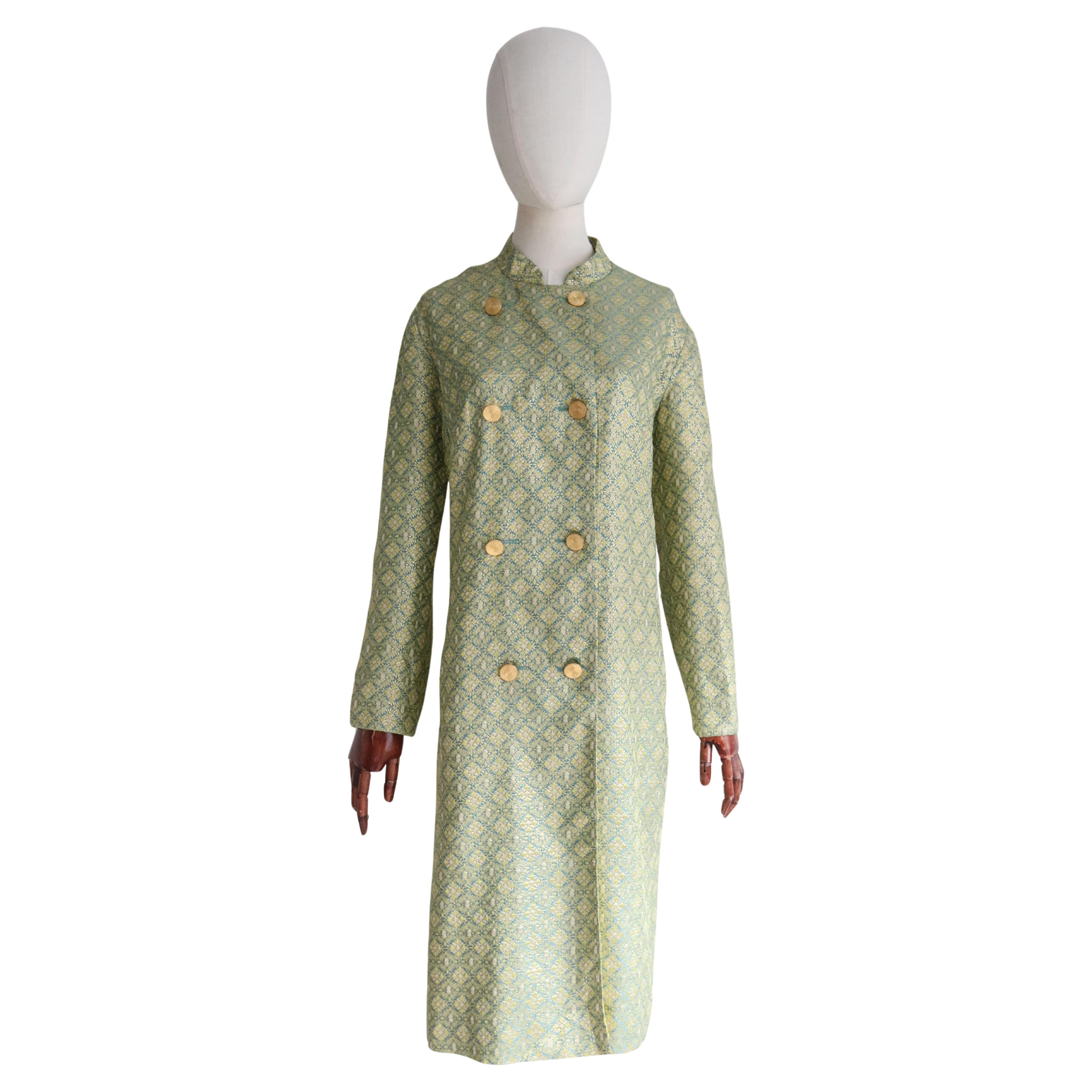 Vintage 1960's Turquoise and gold geometric lurex double breasted coat UK 14-16 For Sale
