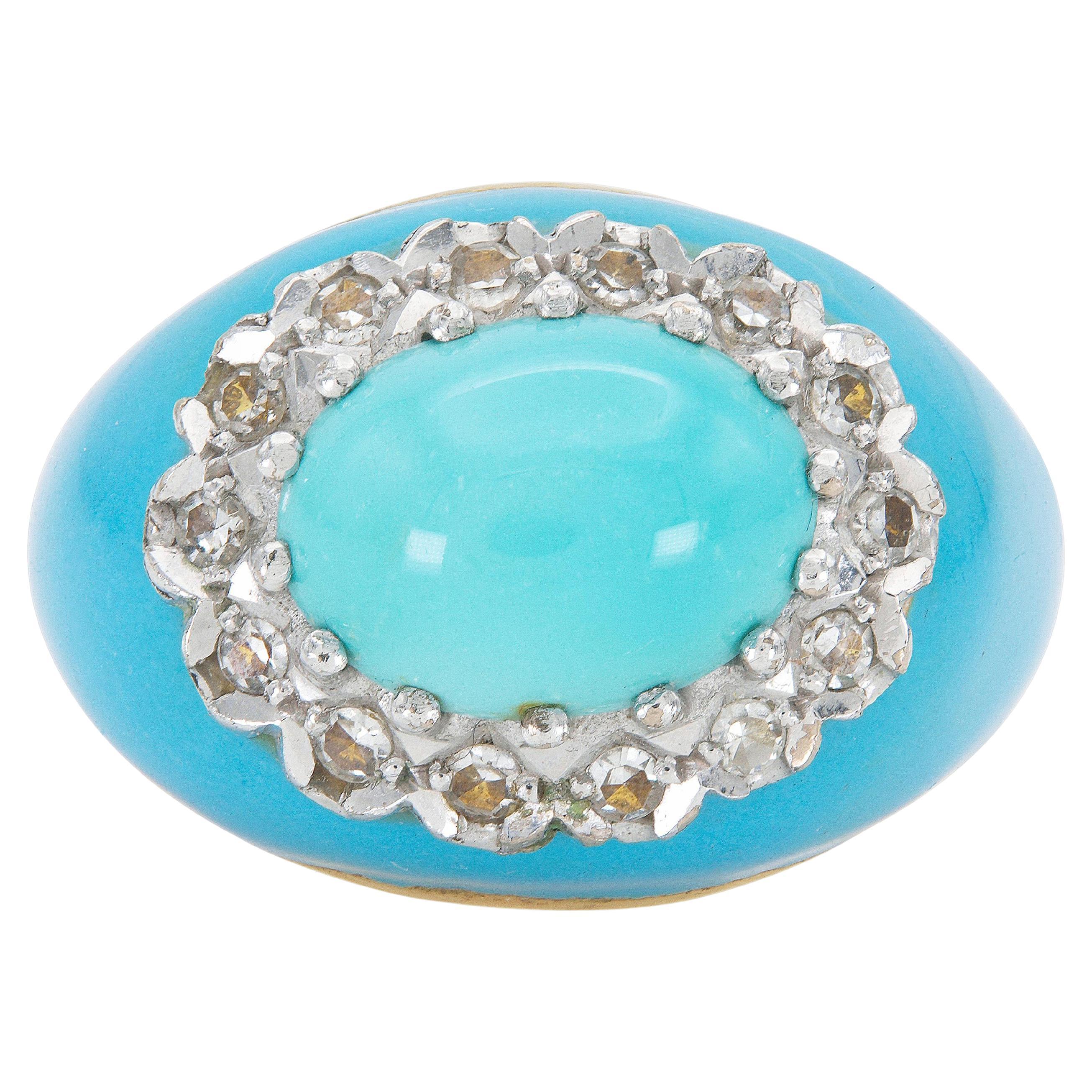 Bague vintage des années 1960 en turquoise, diamant et émail en vente