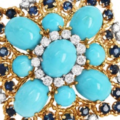 Vintage 1960s Turquoise, Diamond & Sapphire 18K Yellow Gold Brooch Pin