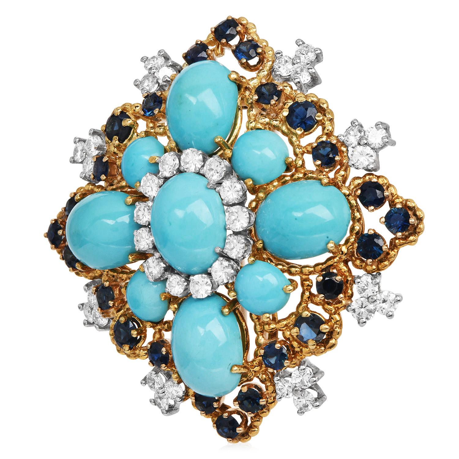 Cabochon Spilla d'epoca in oro giallo 18 carati con turchese, diamanti e zaffiri del 1960 in vendita