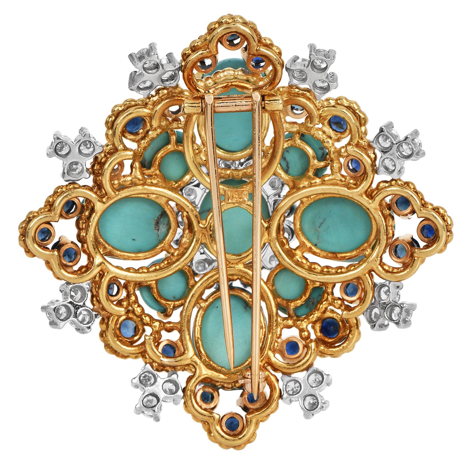 Spilla d'epoca in oro giallo 18 carati con turchese, diamanti e zaffiri del 1960 In condizioni ottime in vendita a Miami, FL