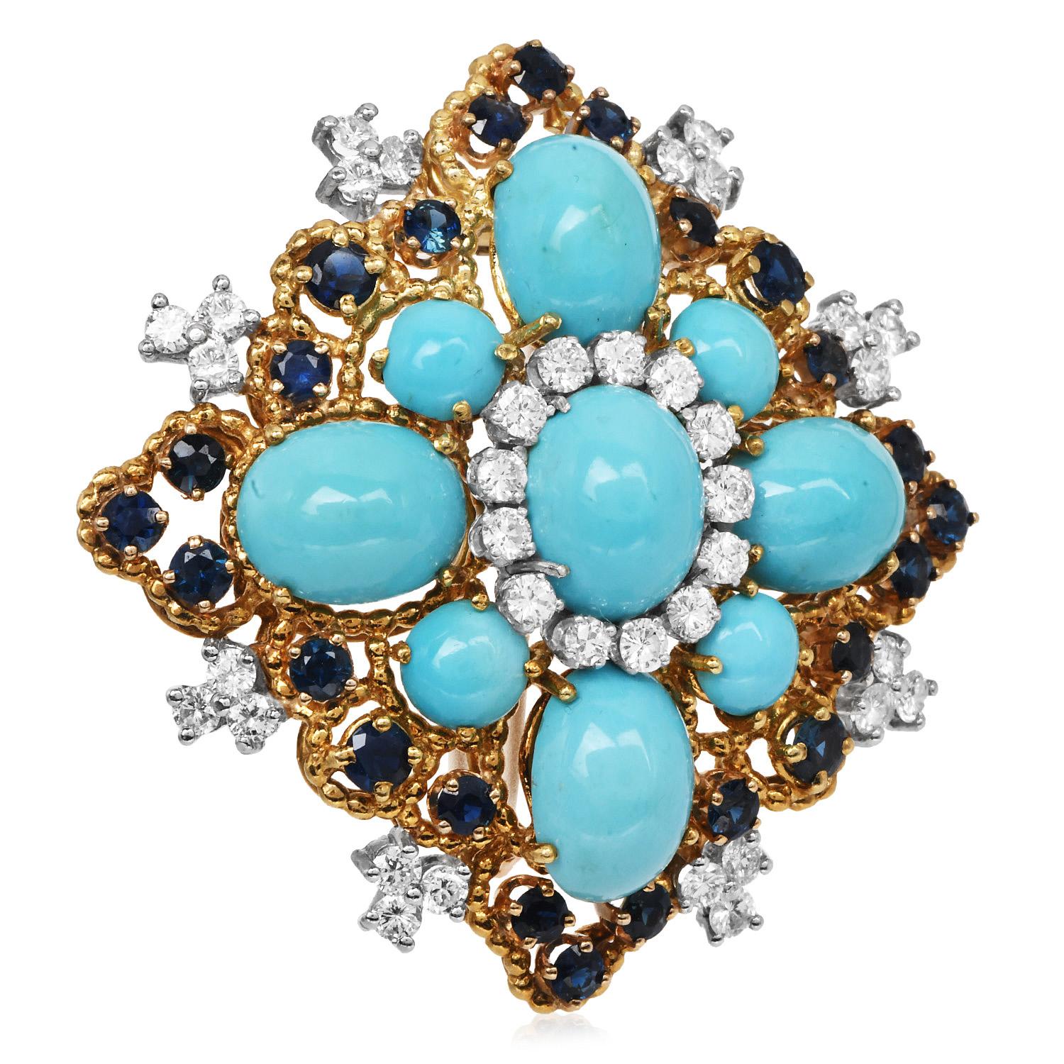Donna Spilla d'epoca in oro giallo 18 carati con turchese, diamanti e zaffiri del 1960 in vendita