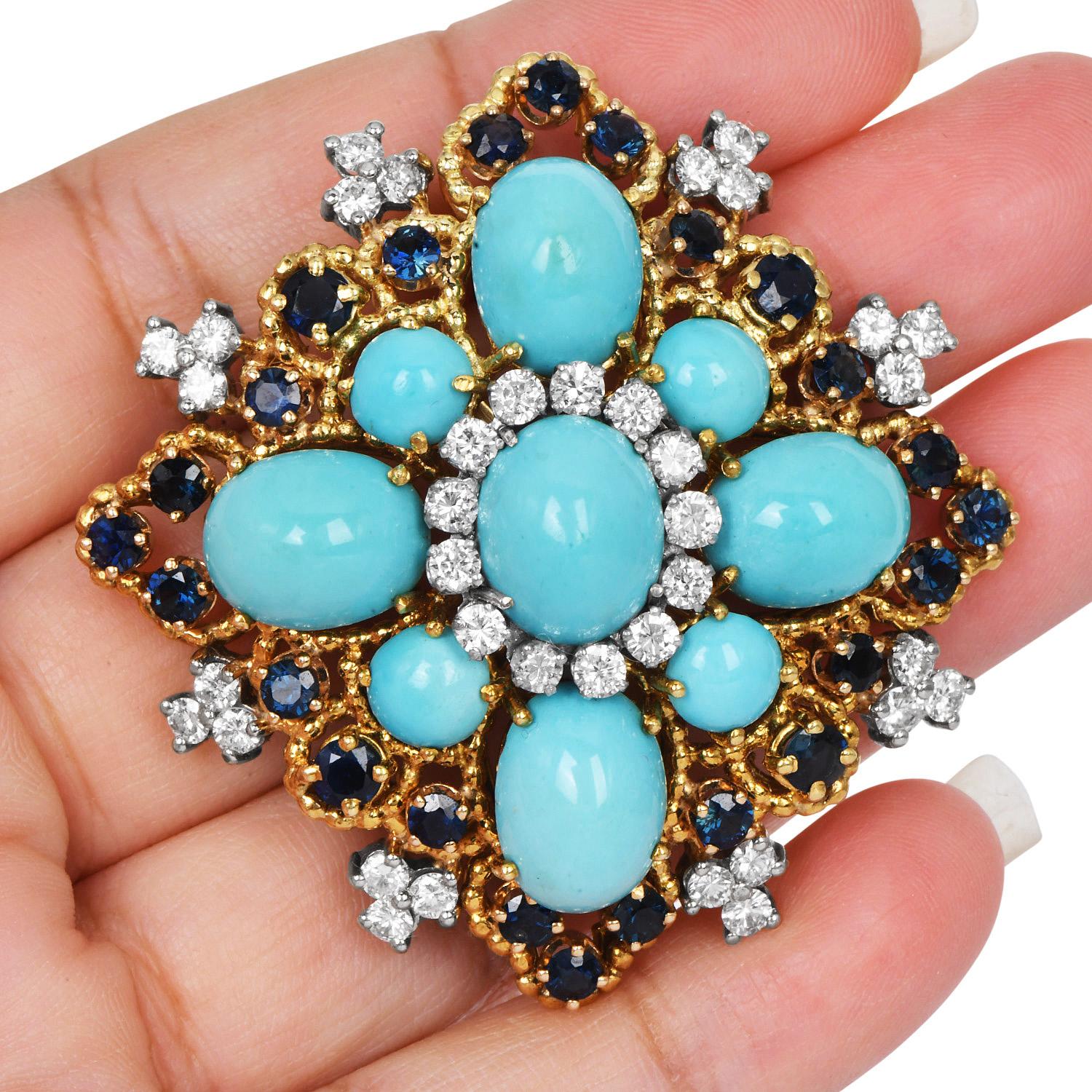 Spilla d'epoca in oro giallo 18 carati con turchese, diamanti e zaffiri del 1960 in vendita 1