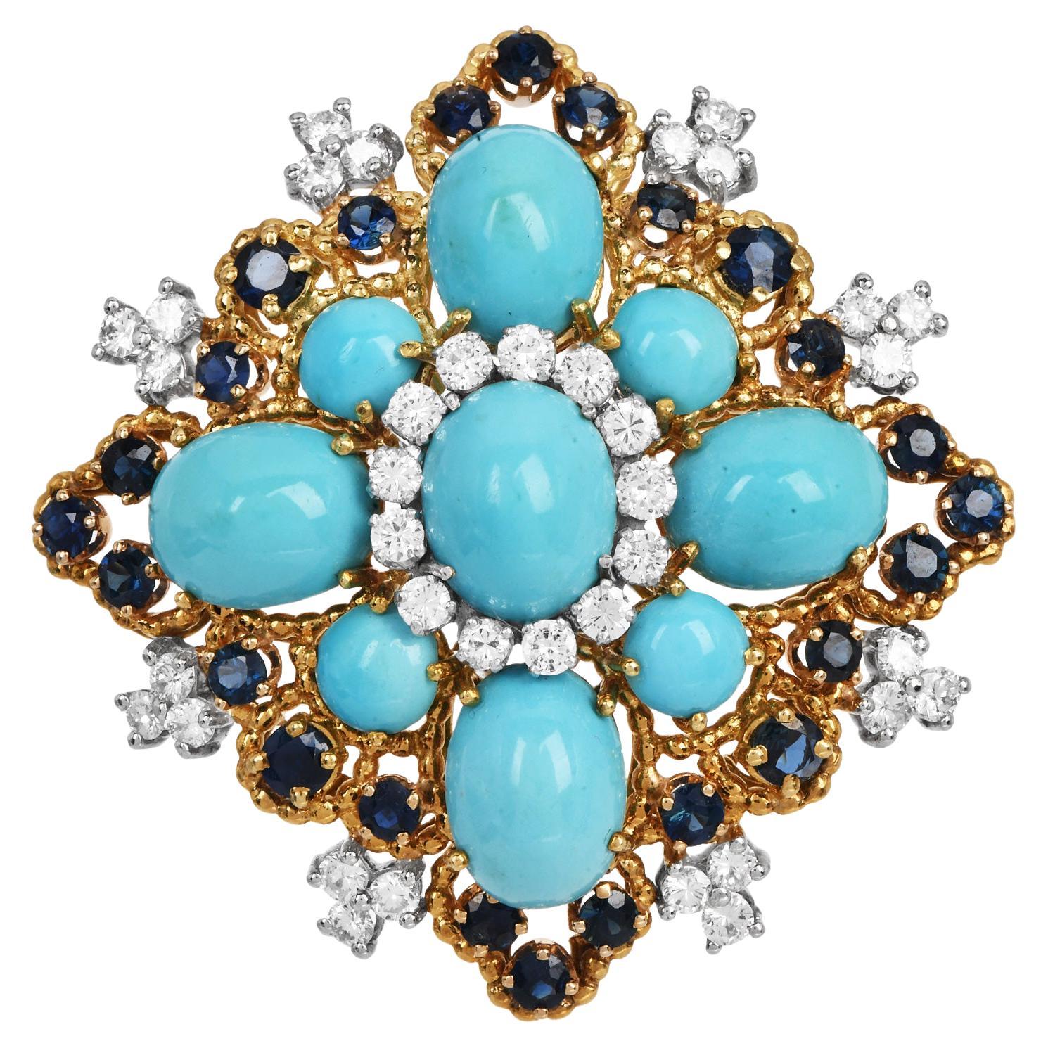 Broche Vintage 1960 Turquoise, Diamant & Saphir en or jaune 18K