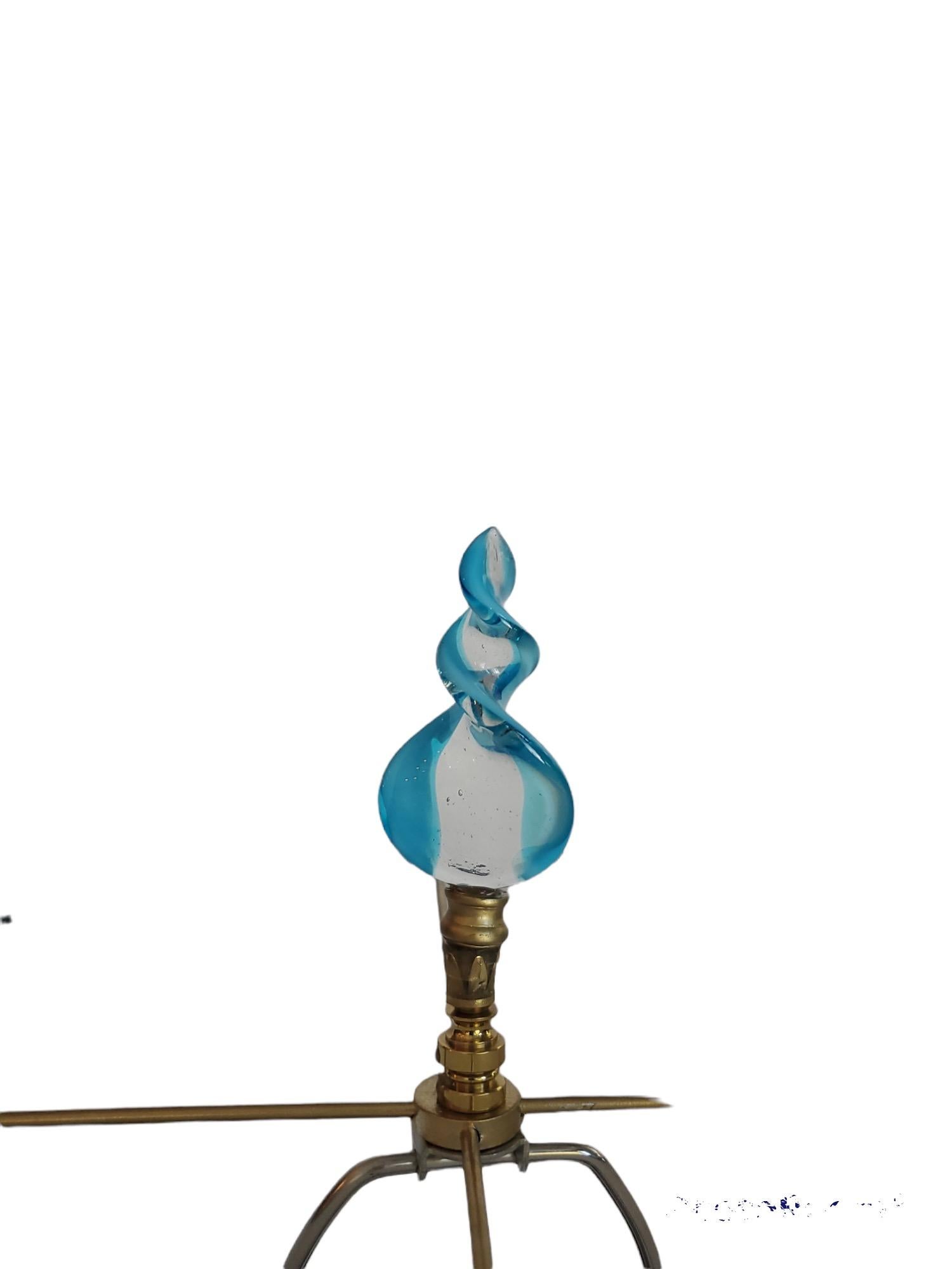 Single turquoise murano lamp with new acrylic base and wiring. Custom hand-painted parchment shade.