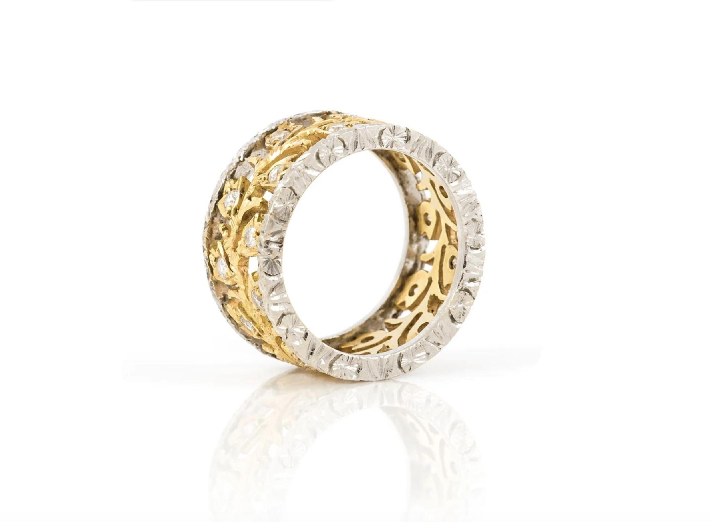 Finely crafted in 18k yellow and white gold with Round Brilliant cut Diamonds.
Circa 1960s
Size 6
10.5 mm wide