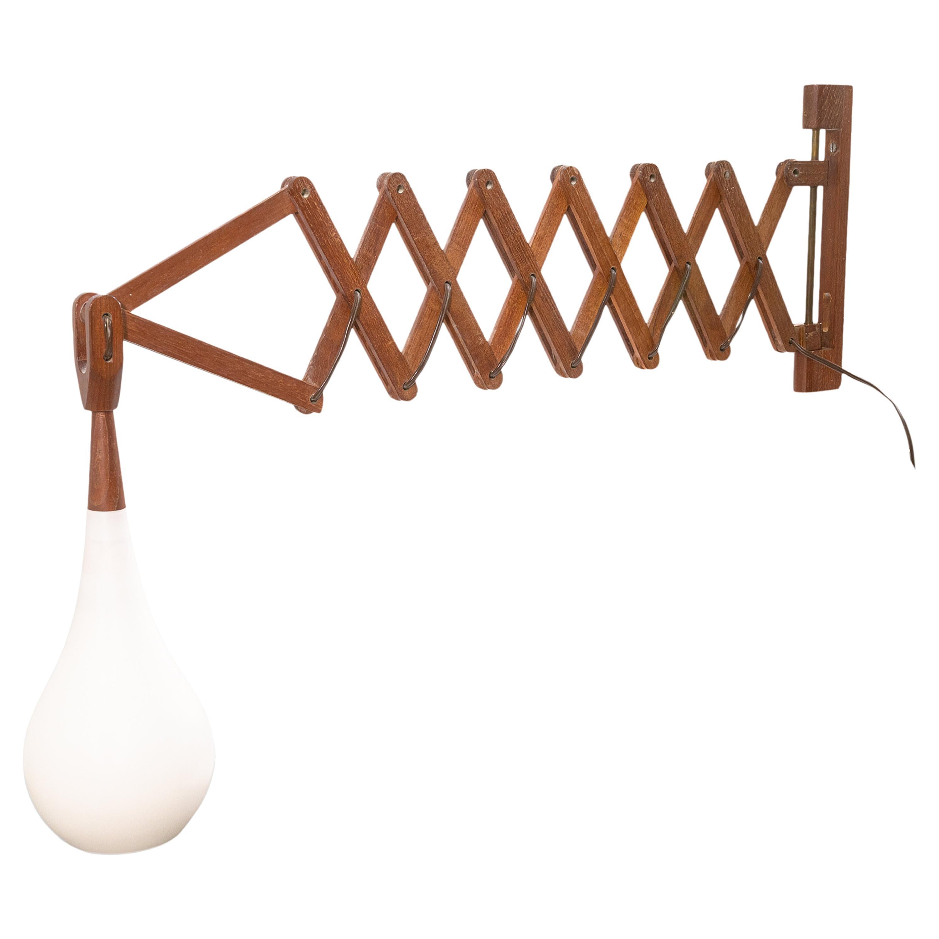 Vintage 1960s Wall Mounted Scissor Lamp with Hanging Teardrop Milk Glass Shade For Sale