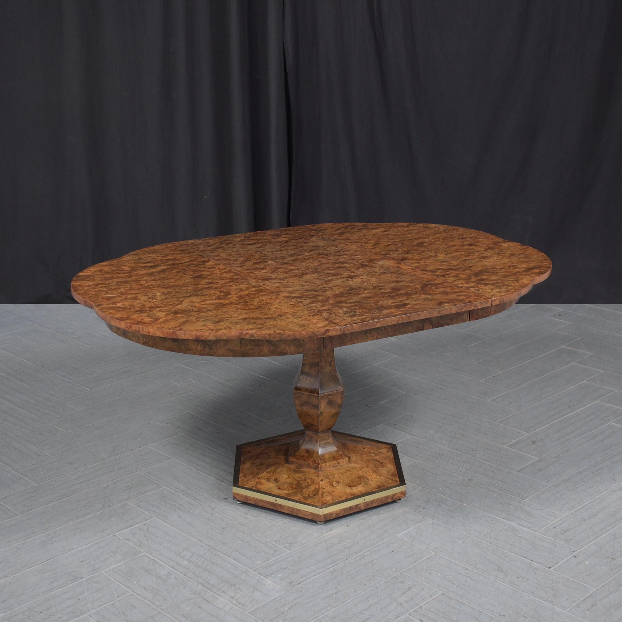 Step back into the refined elegance of the 1960s with our vintage extendable dining table, a masterpiece of craftsmanship and timeless design. Crafted from premium wood and adorned with a luxurious walnut burl veneer, this table has been