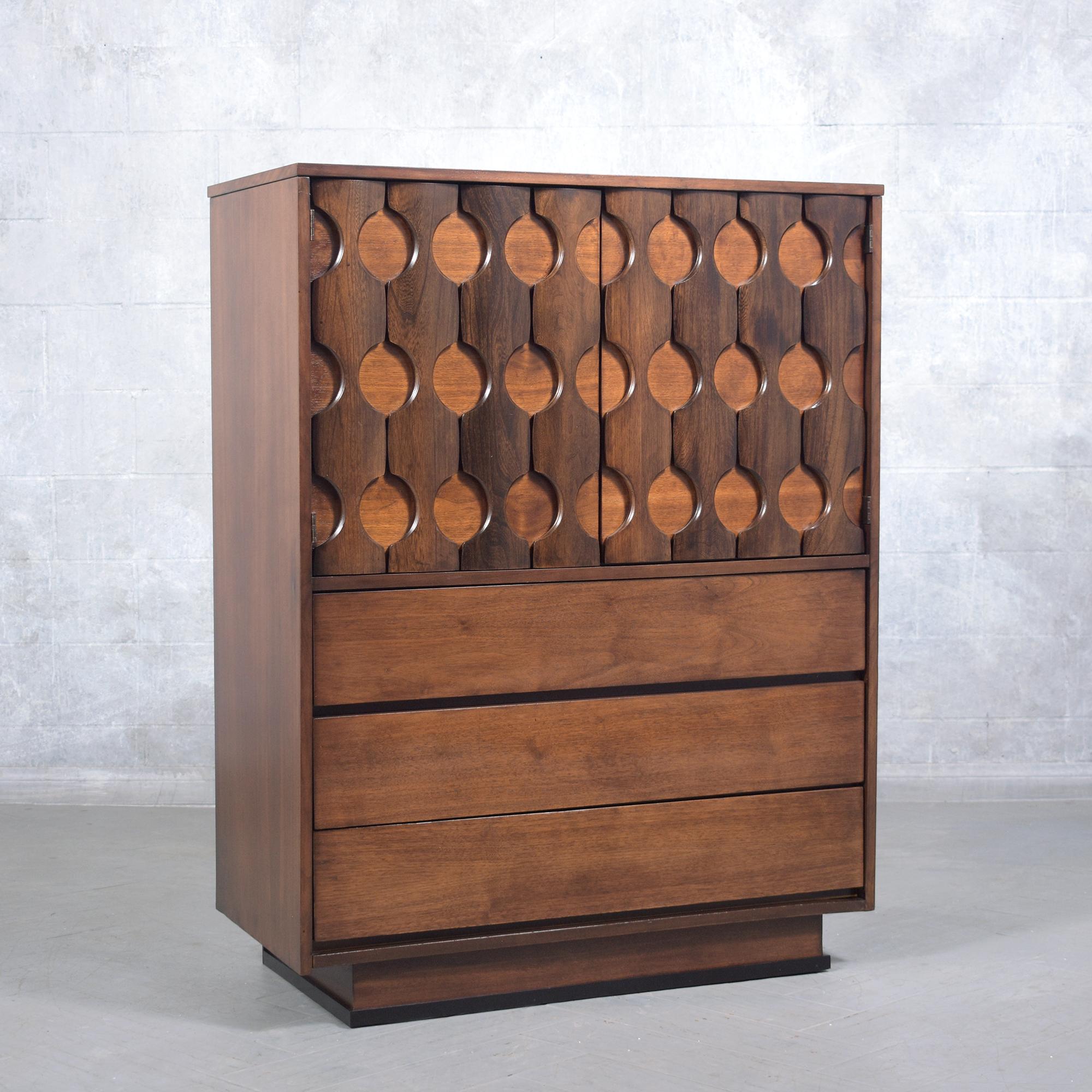 Restored 1960s Mid-Century Walnut Chest of Drawers with Sculpted Details For Sale 3