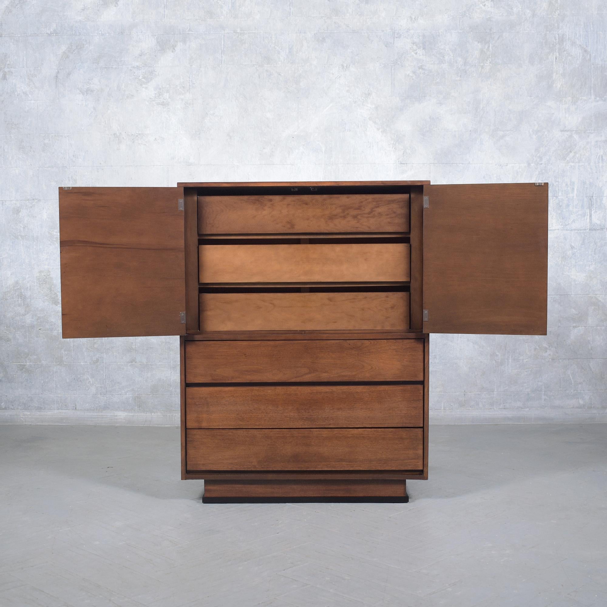Carved Restored 1960s Mid-Century Walnut Chest of Drawers with Sculpted Details For Sale