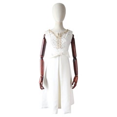 Vintage 1960's White A Line Pleated Bow Dress Gold Studded sixties dress UK 8-10