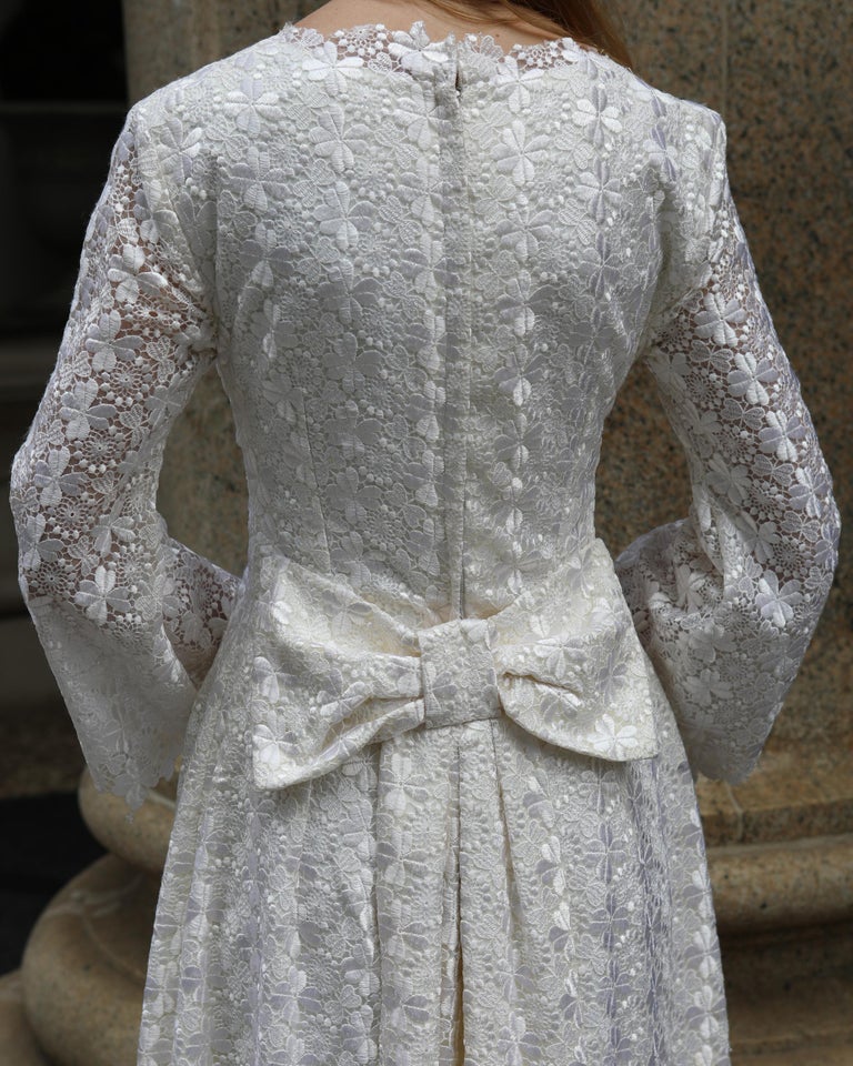 Vintage 1960s White Crochet Lace Empire Waist Dress For Sale at 1stDibs