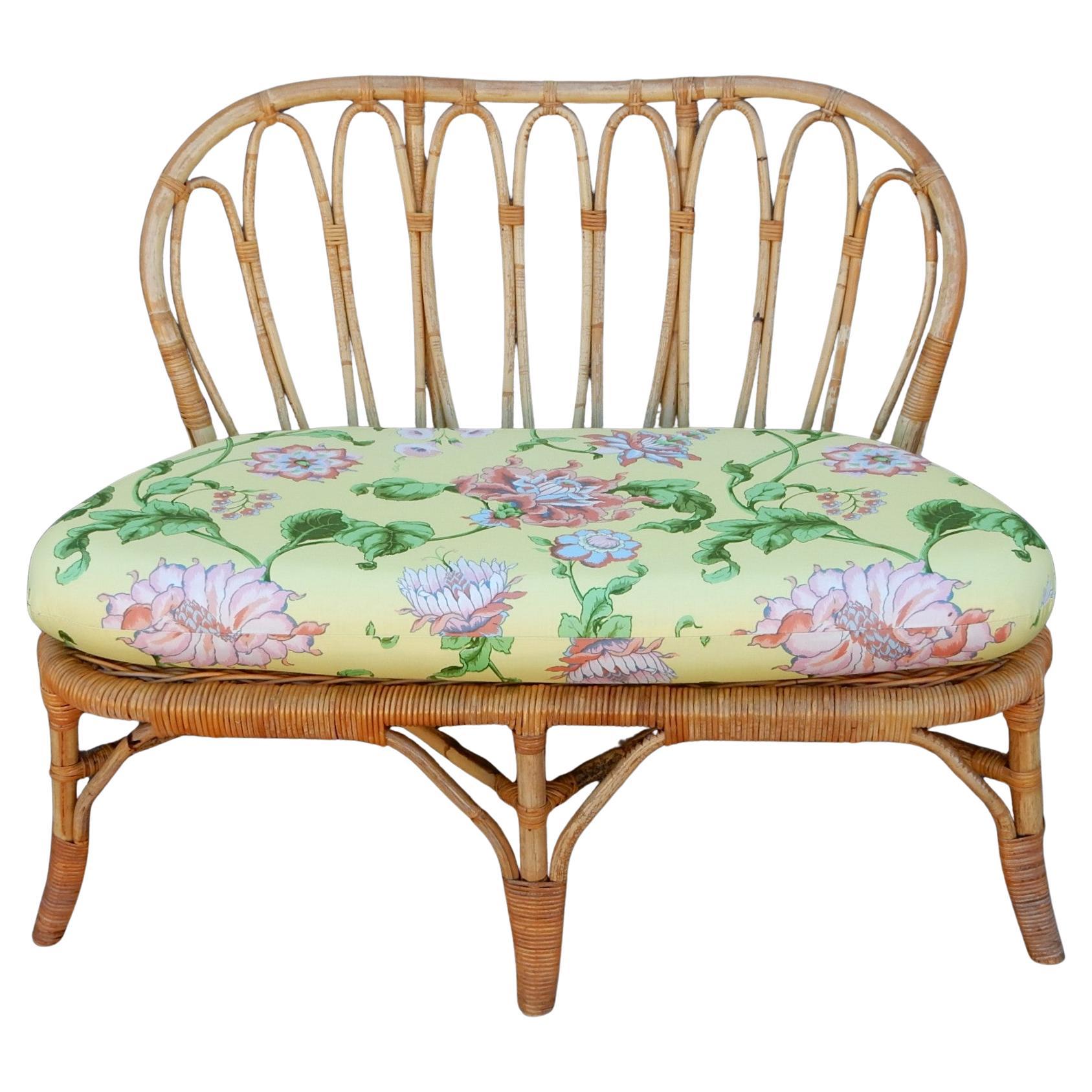 Vintage 1960's Wicker Rattan Patio Lounge Settee in Cohama Fabric For Sale 4