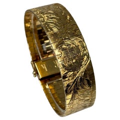 Vintage 1960's Wide Heavy 14k Yellow Gold Bracelet With Etched Flower Design