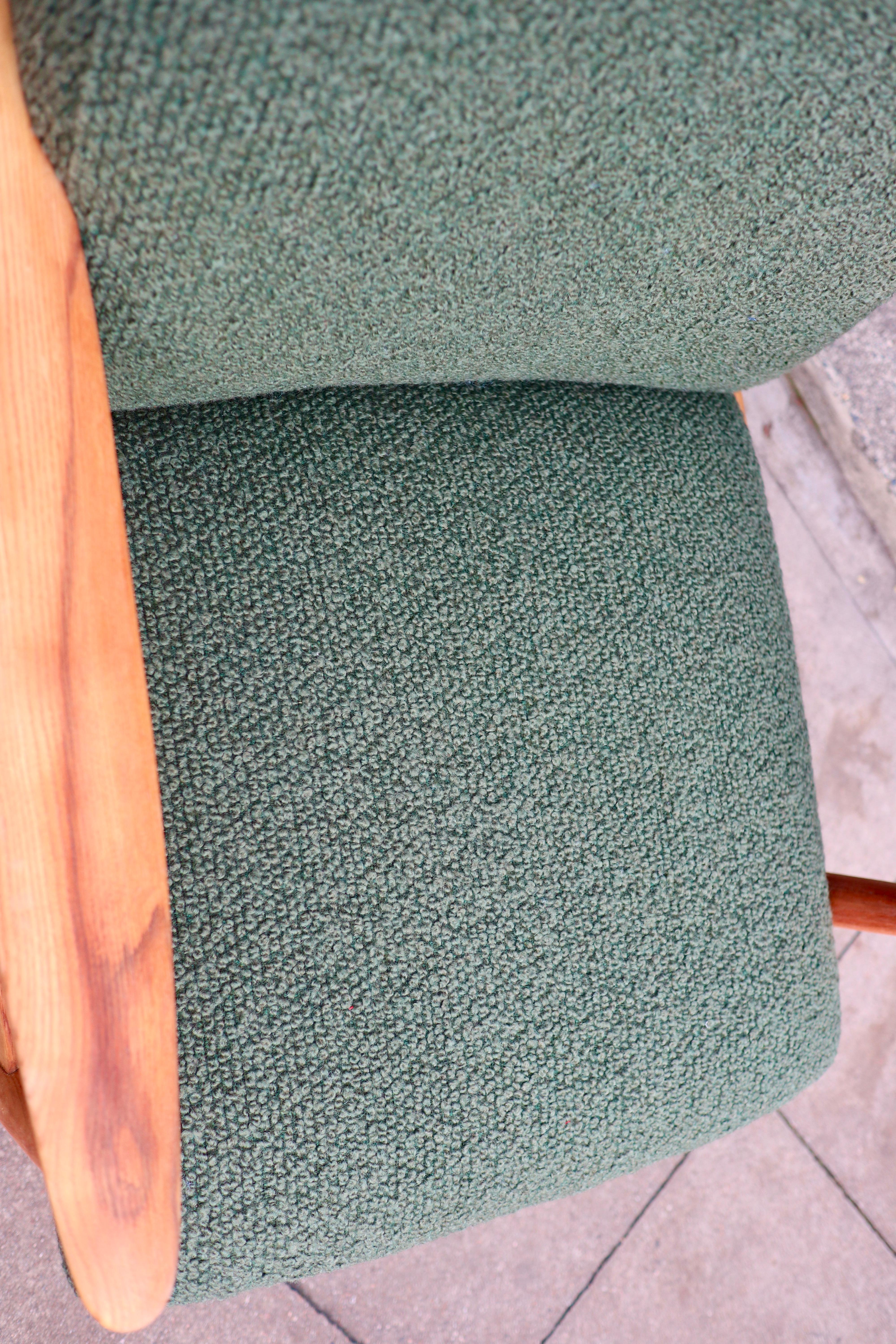Vintage 1960s wood framed Danish lounge chair upholstered in moss green boucle. For Sale 9
