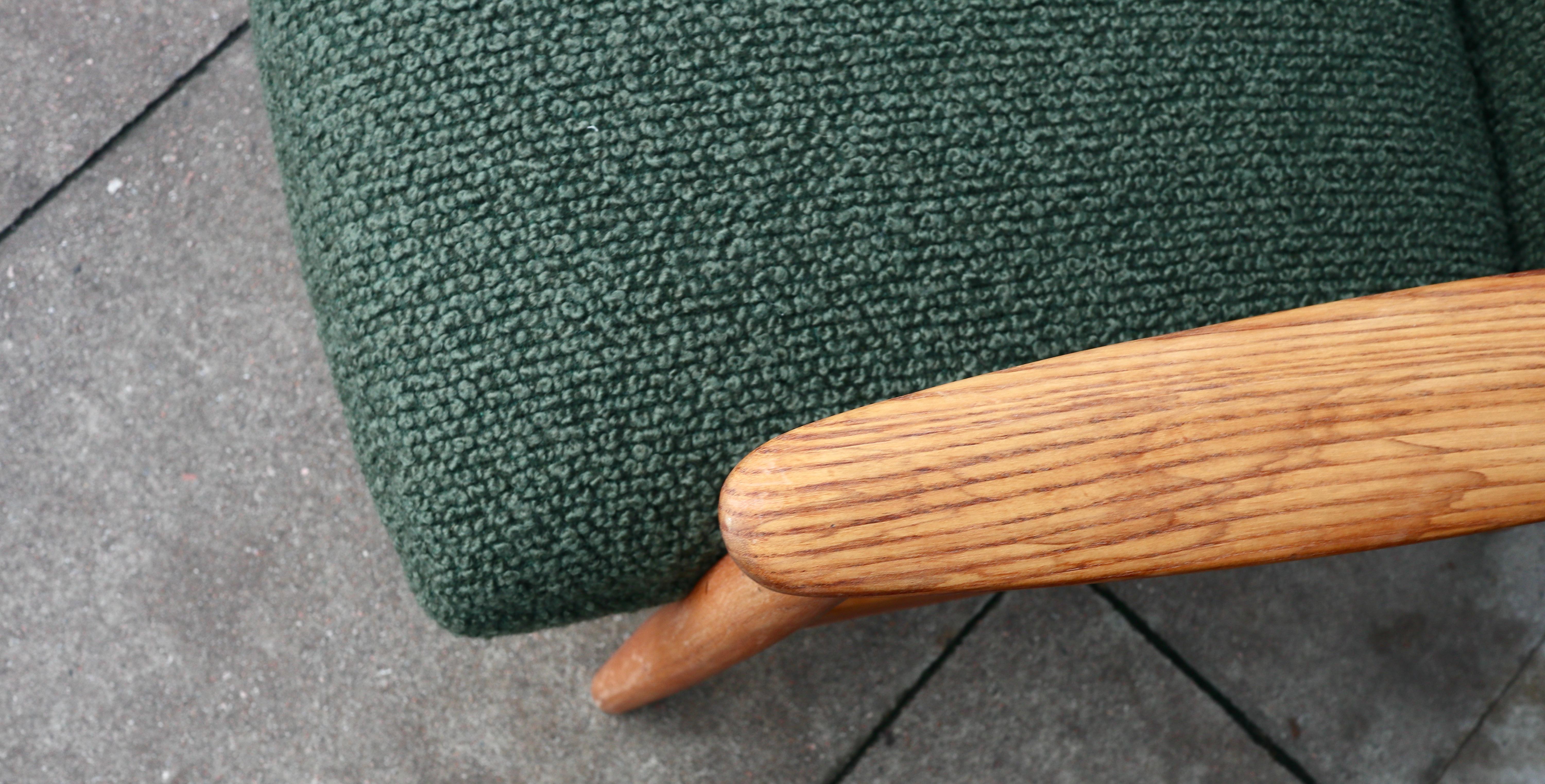 Vintage 1960s wood framed Danish lounge chair upholstered in moss green boucle. For Sale 10