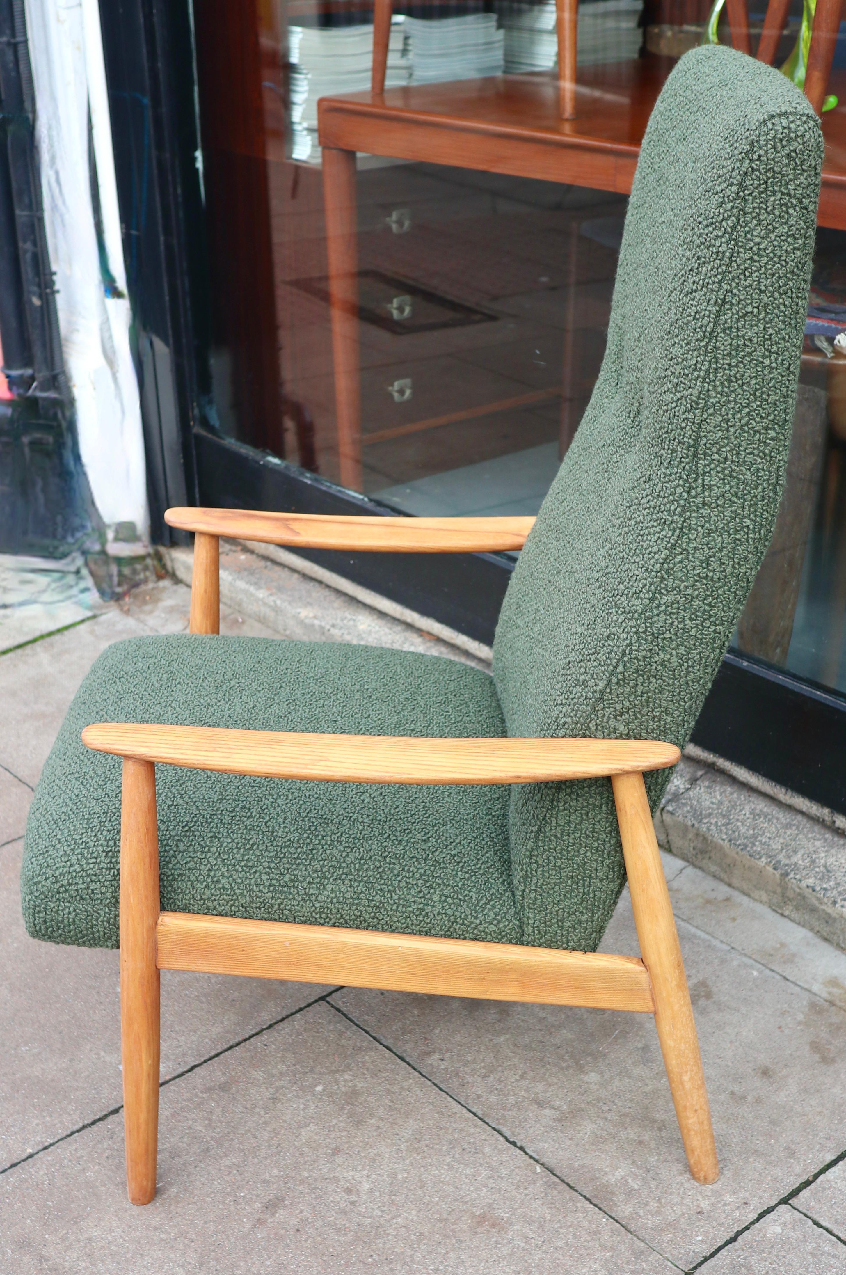 20th Century Vintage 1960s wood framed Danish lounge chair upholstered in moss green boucle. For Sale