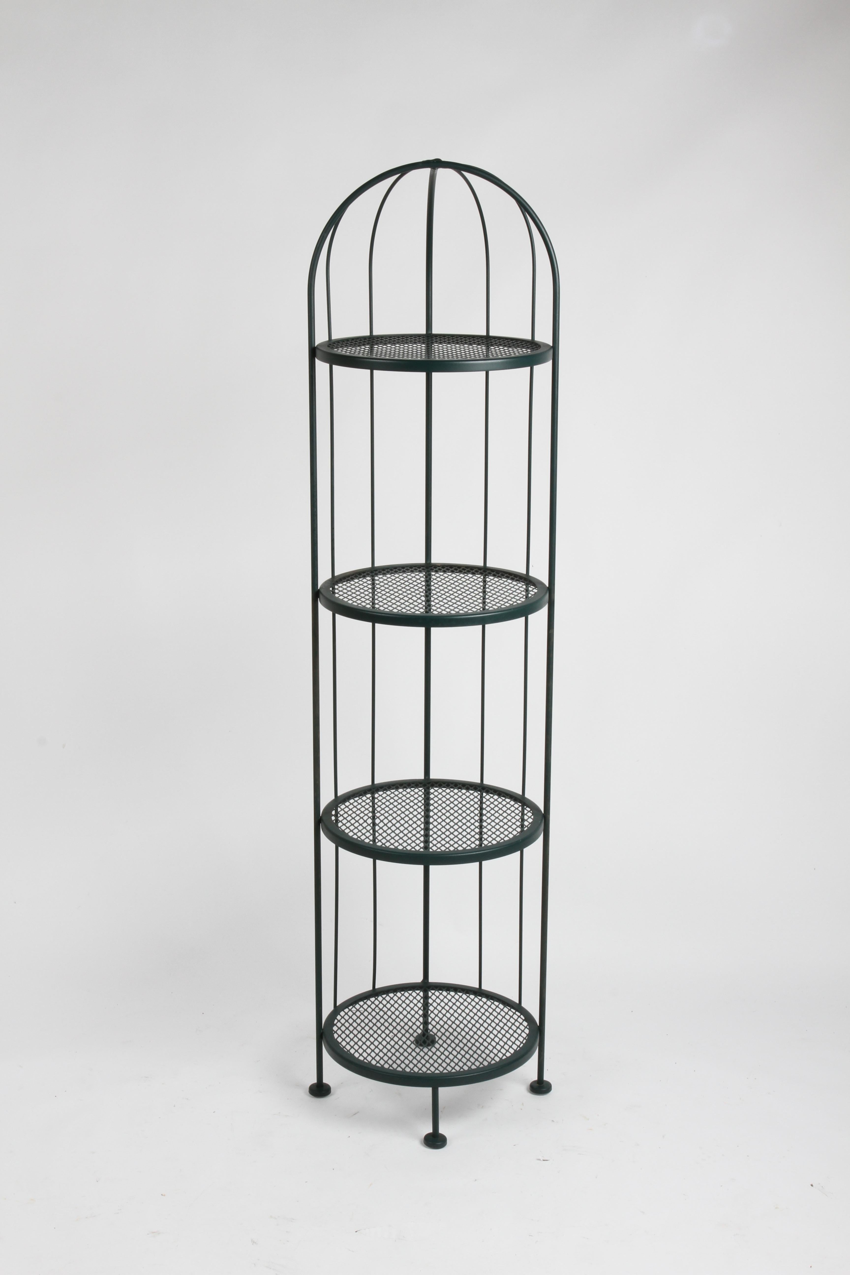 Mid-Century Woodard indoor - outdoor plant stand or display tower with four circular mesh shelves and metal canopy framework. 16