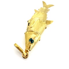 Vintage 1960s Yellow Gold & Emerald Articulating Fish Charm, Pendant