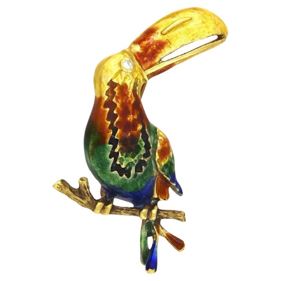 Vintage 1960's Yellow Gold Enamel Parrot Brooch With Diamonds For Sale