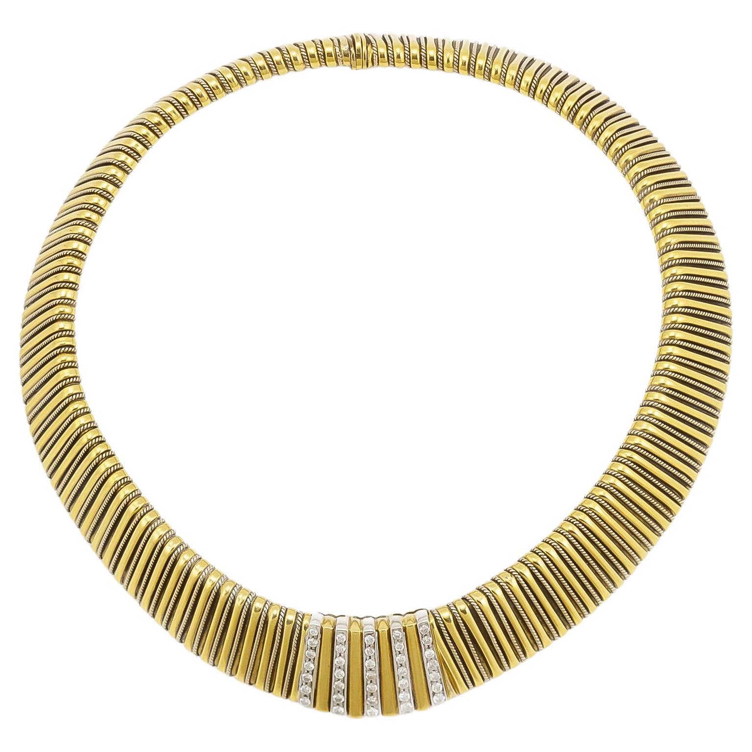 Vintage 1960s Yellow Gold Tubogas Collar Necklace with Diamonds