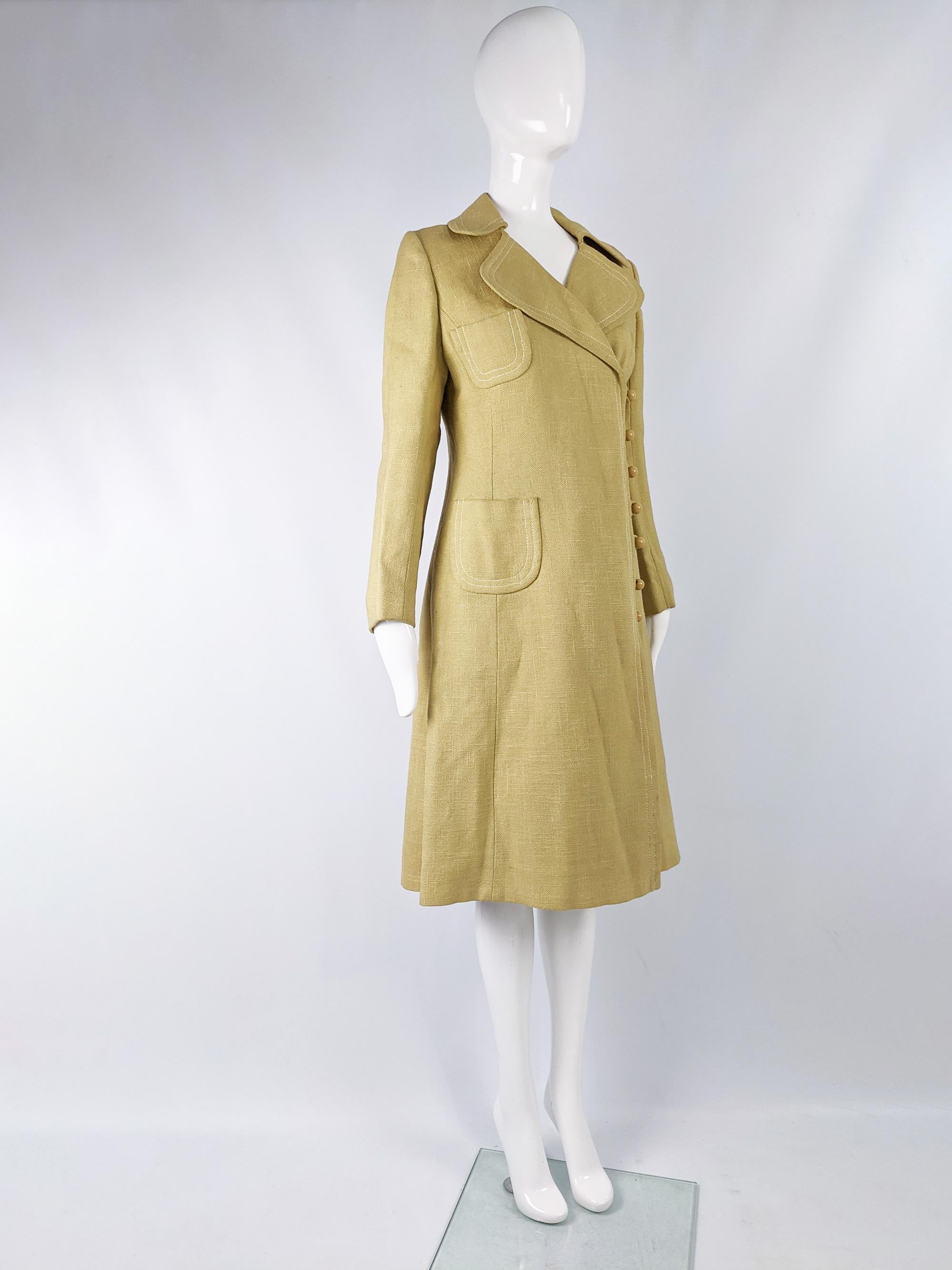 Beige Vintage 1960s Yellow Linen Mod Coat For Sale