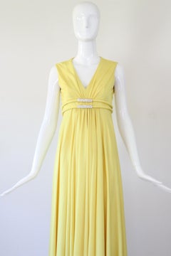 Vintage 1960's Yellow Pleated Evening Gown Rhinestone Detail UK 8 US 4