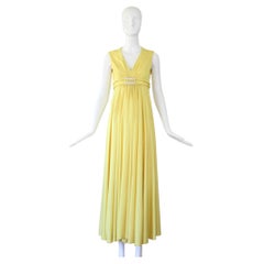 Vintage 1960's Yellow Pleated Evening Gown Rhinestone Detail UK 8 US 4