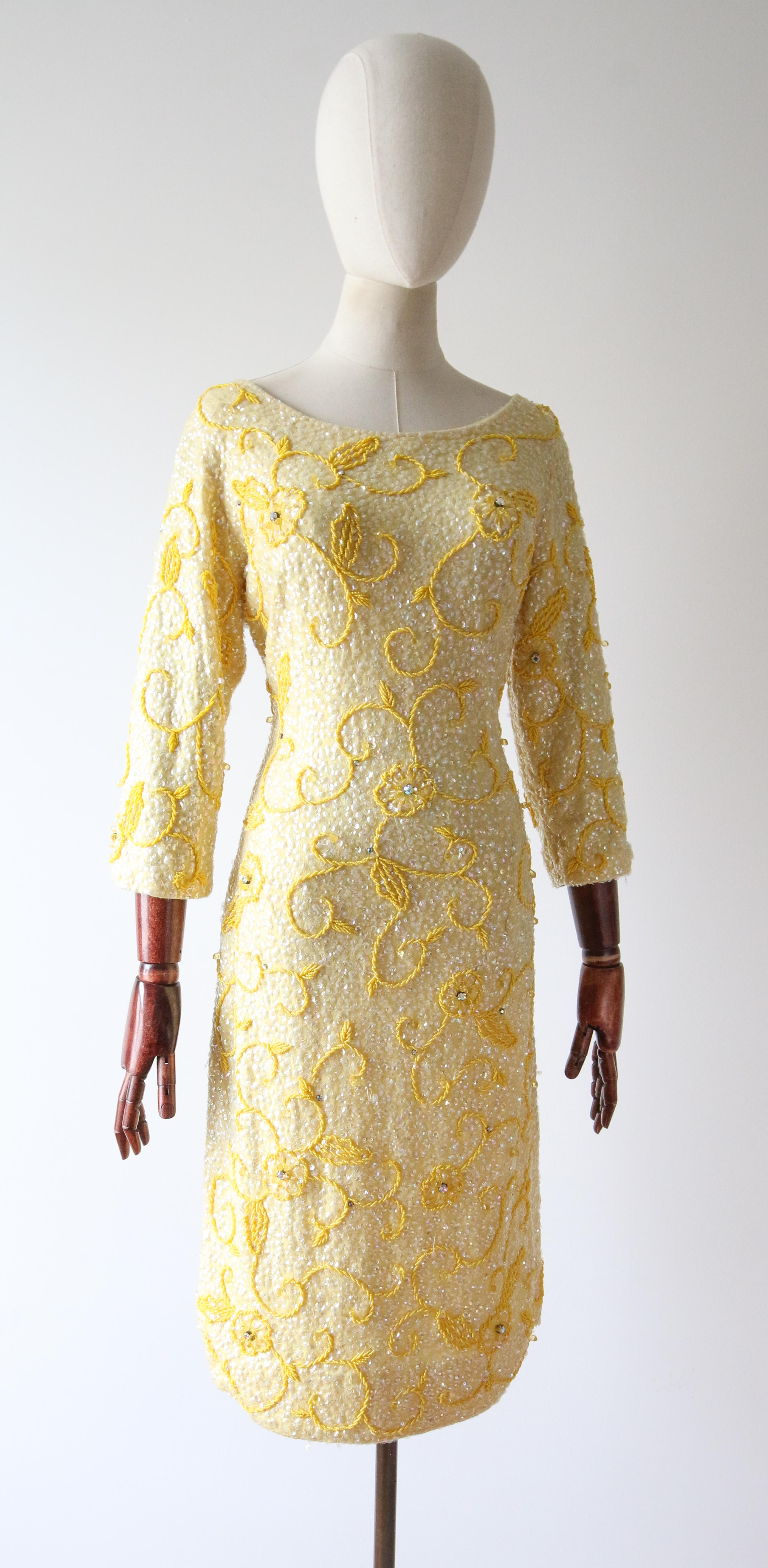 Women's or Men's Vintage 1960's yellow sequin beaded cocktail dress wiggle dress UK 12 US 8  For Sale