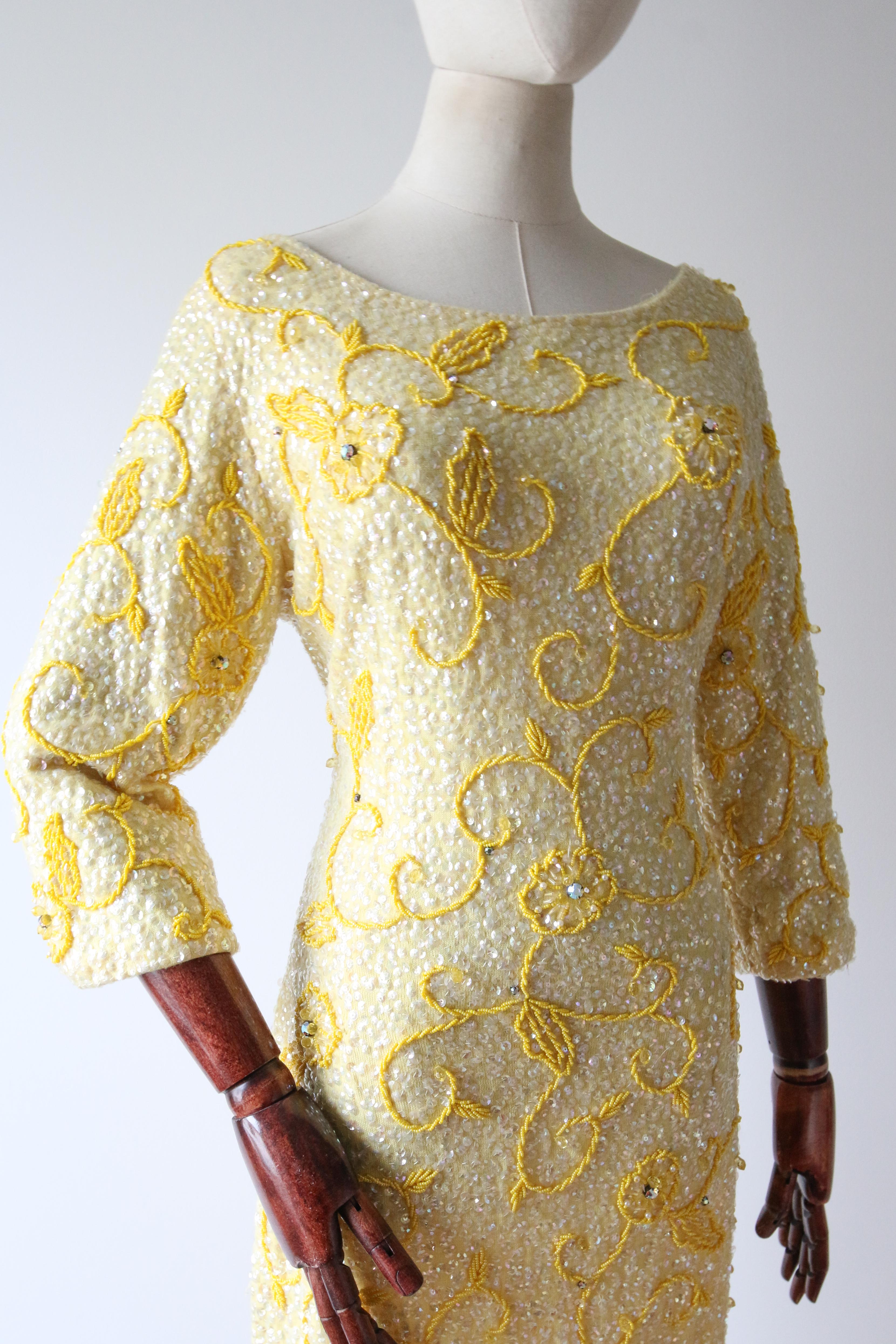 Vintage 1960's yellow sequin beaded cocktail dress wiggle dress UK 12 US 8  For Sale 1