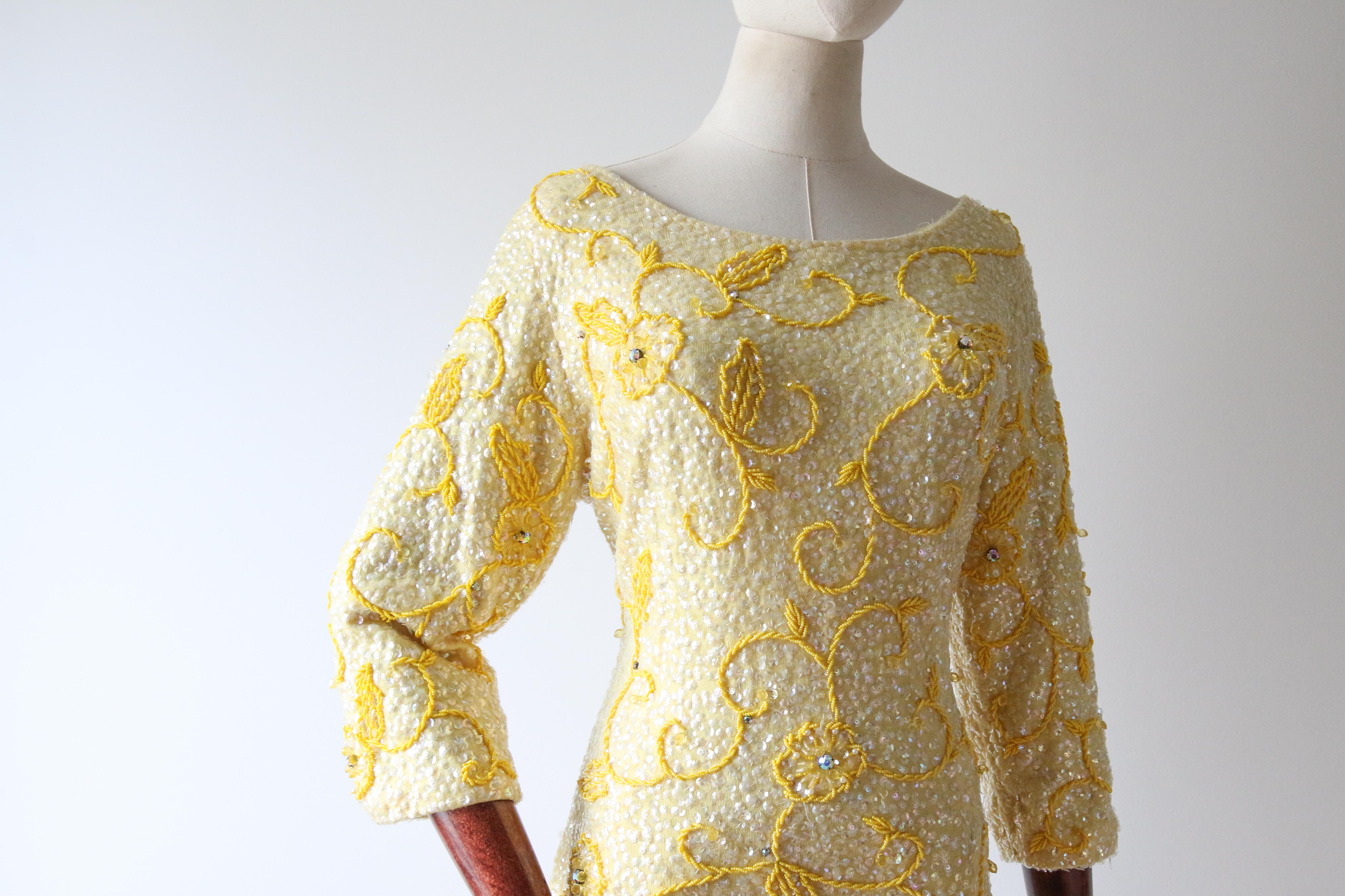 Vintage 1960's yellow sequin beaded cocktail dress wiggle dress UK 12 US 8  For Sale 2
