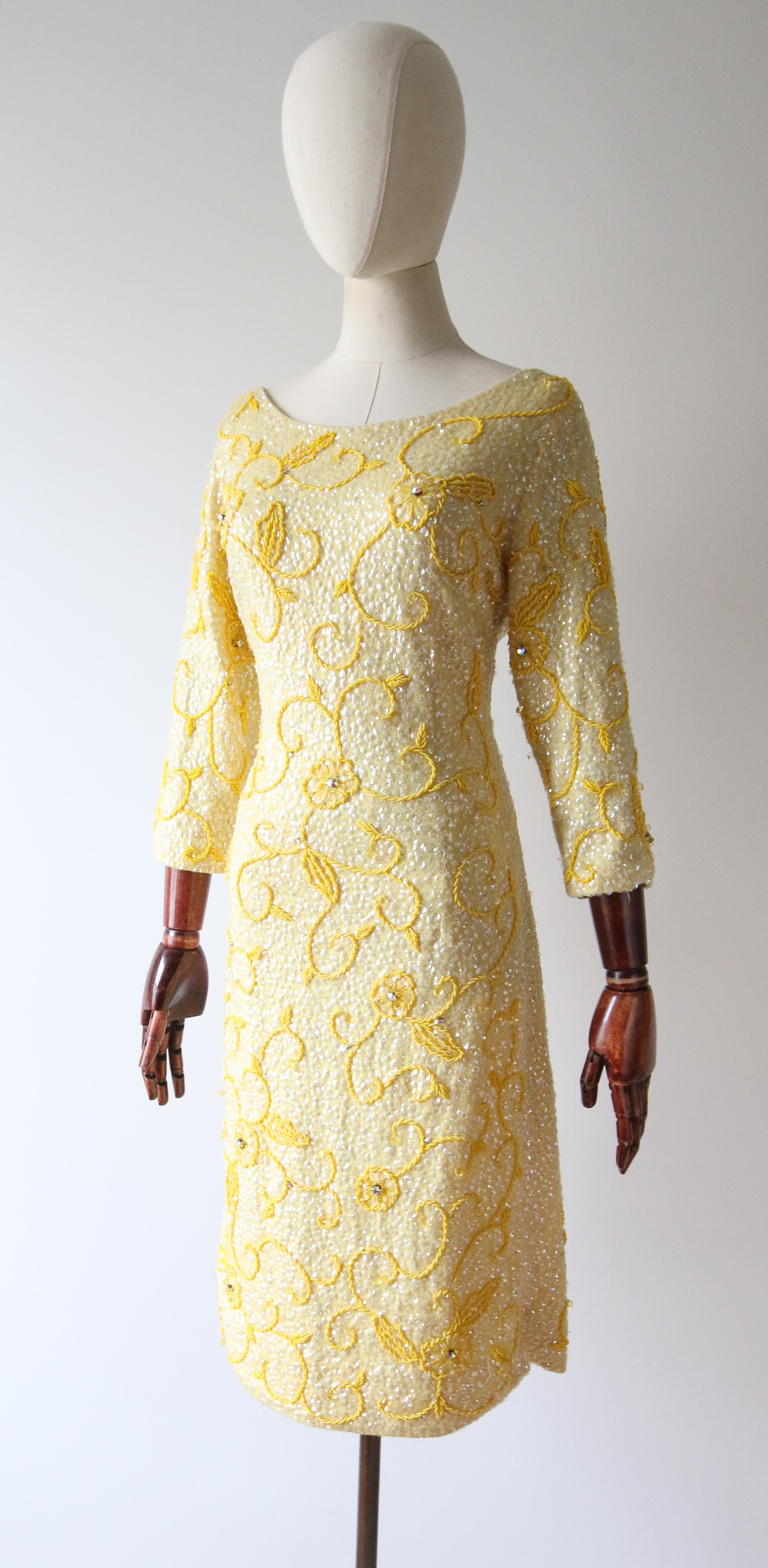 Vintage 1960's yellow sequin beaded cocktail dress wiggle dress UK 12 US 8  For Sale 3