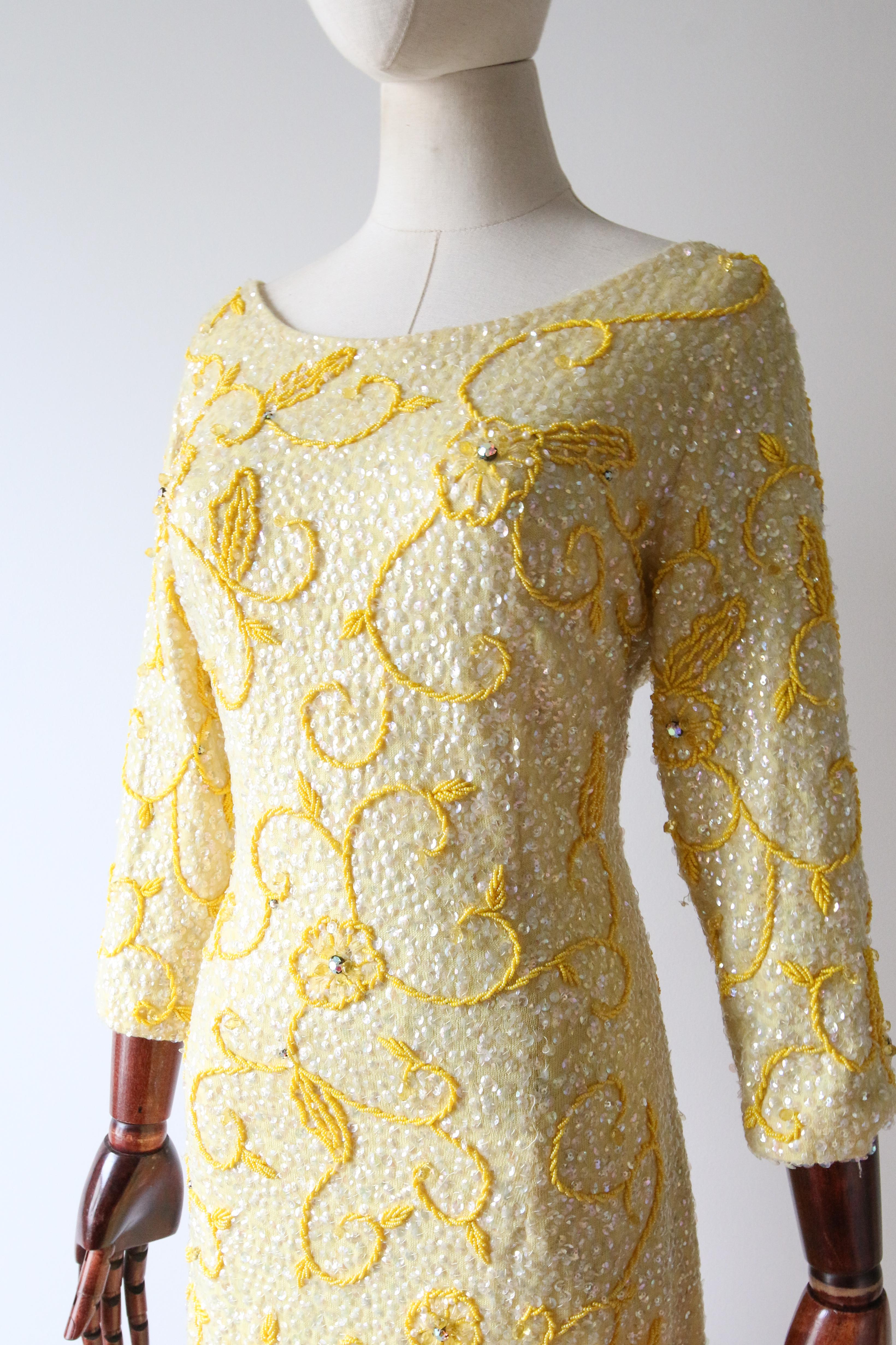 Vintage 1960's yellow sequin beaded cocktail dress wiggle dress UK 12 US 8  For Sale 4