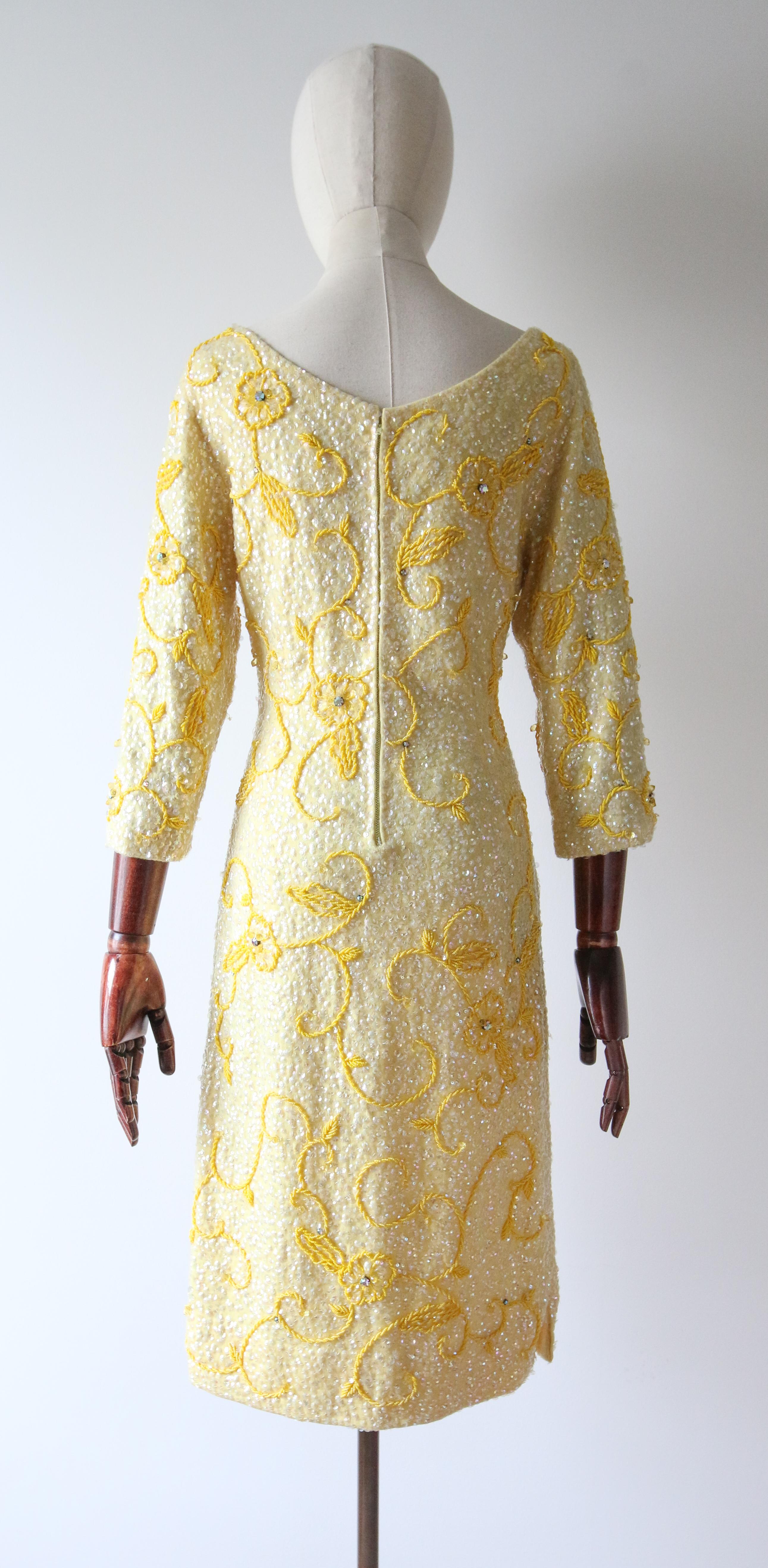 Vintage 1960's yellow sequin beaded cocktail dress wiggle dress UK 12 US 8  For Sale 5