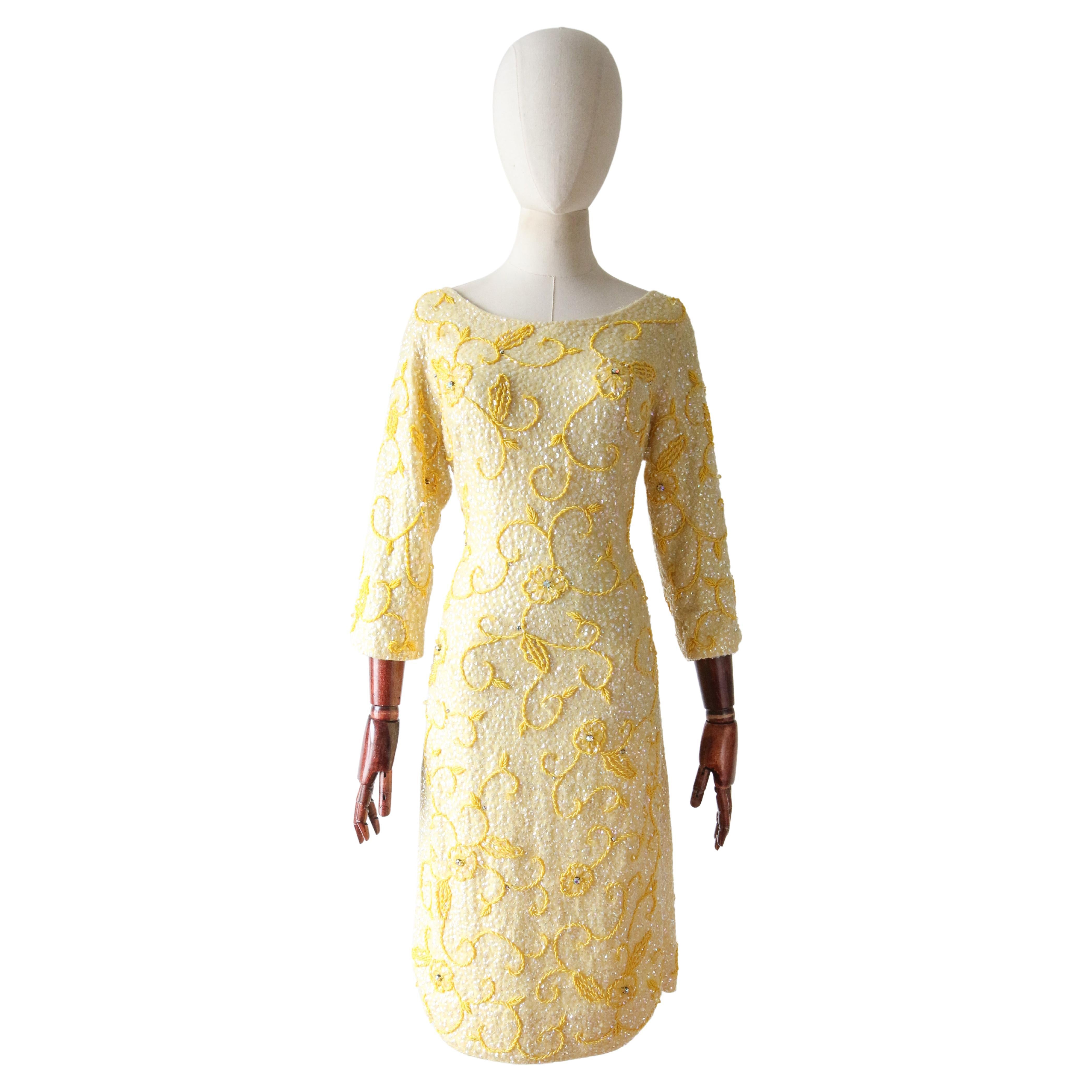 Vintage 1960's yellow sequin beaded cocktail dress wiggle dress UK 12 US 8  For Sale