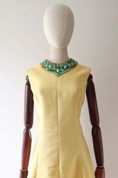 Vintage 1960's Yellow Shantung Silk Cocktail dress Turquoise Beaded Dress UK 14