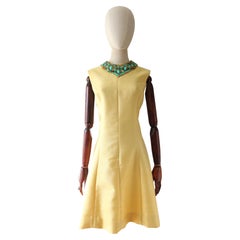 Vintage 1960's Yellow Shantung Silk Cocktail dress Turquoise Beaded Dress UK 14