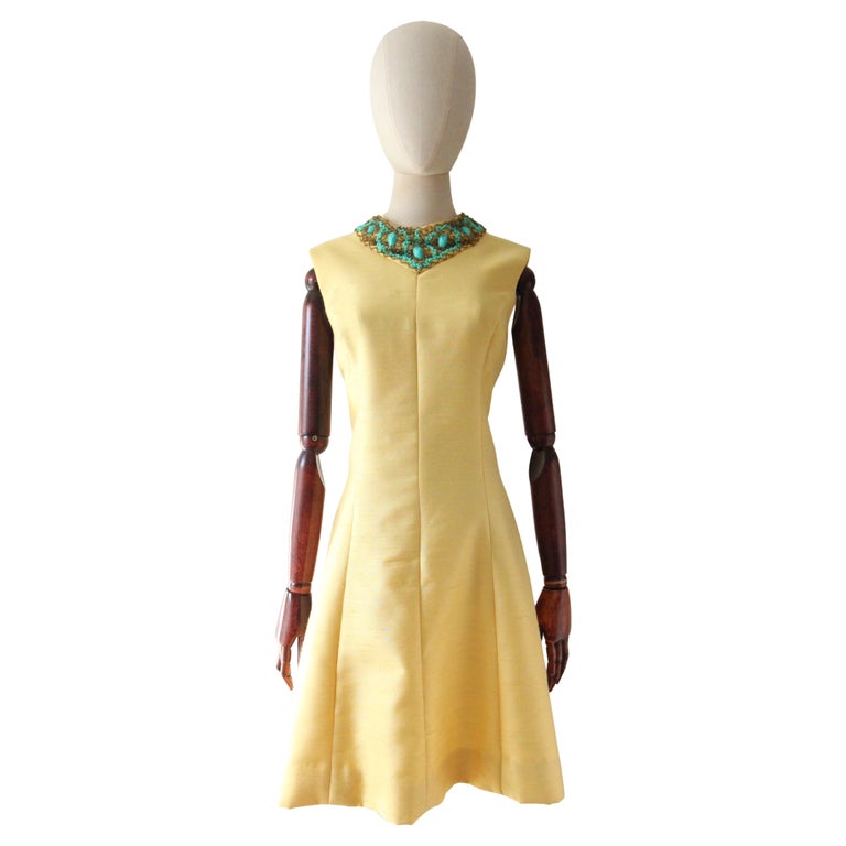 Vintage 1960's Yellow Shantung Silk Cocktail dress Turquoise Beaded Dress UK 14 For Sale at 1stDibs Vintage 1960's Yellow Shantung Silk Cocktail dress Turquoise Beaded Dress UK 14 For Sale at 1stDibs
