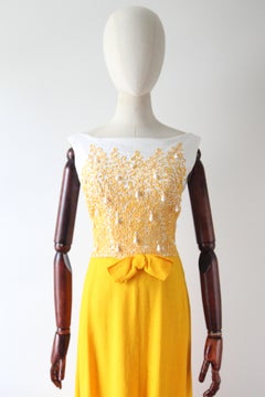 Vintage 1960's Yellow Soutache Beaded Evening Dress Sixties UK 8-10 US 4-6