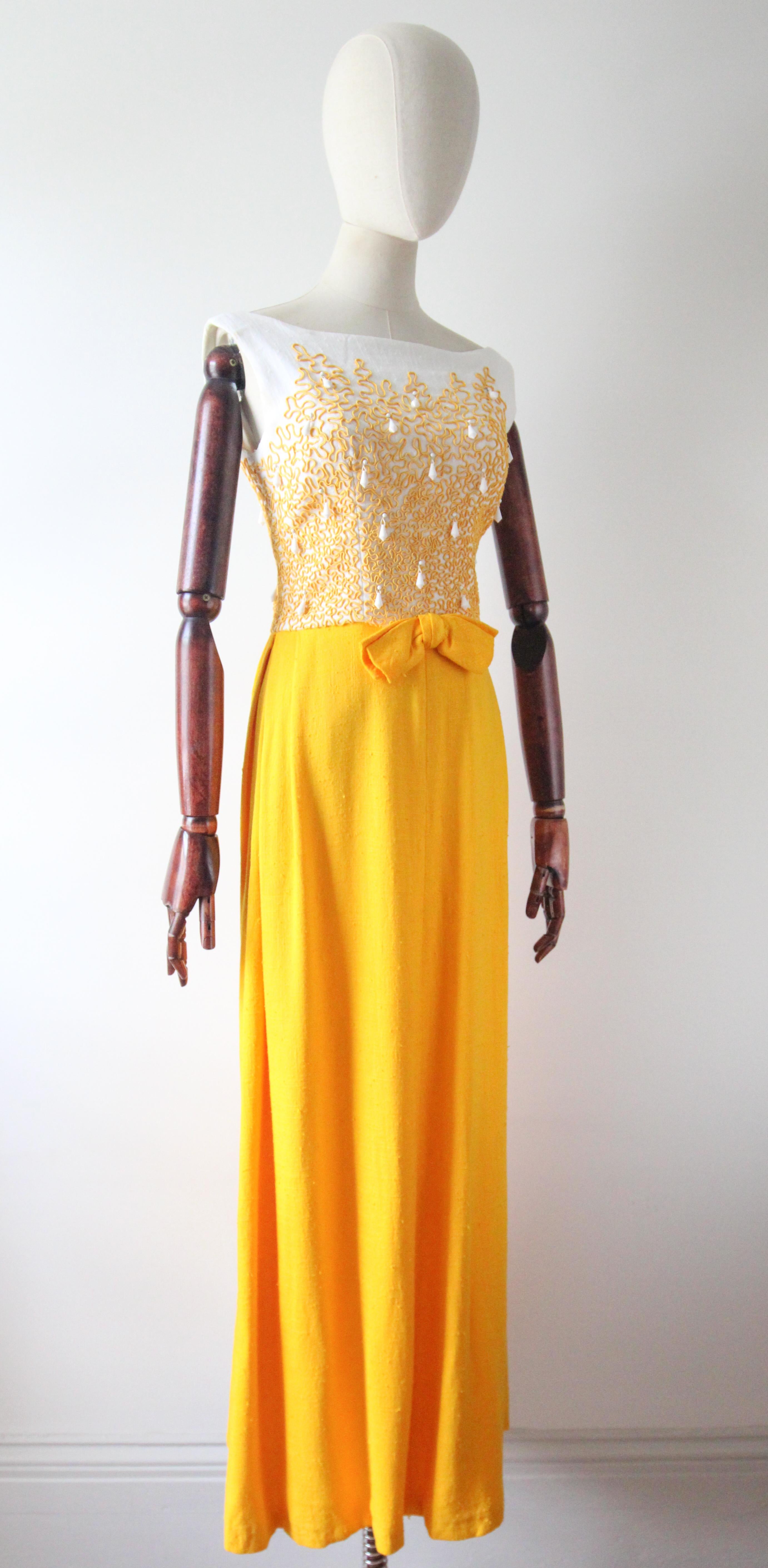 Vintage 1960's Yellow Soutache Beaded Evening Dress Sixties UK 8-10 US 4-6 In Good Condition For Sale In Cheltenham, GB