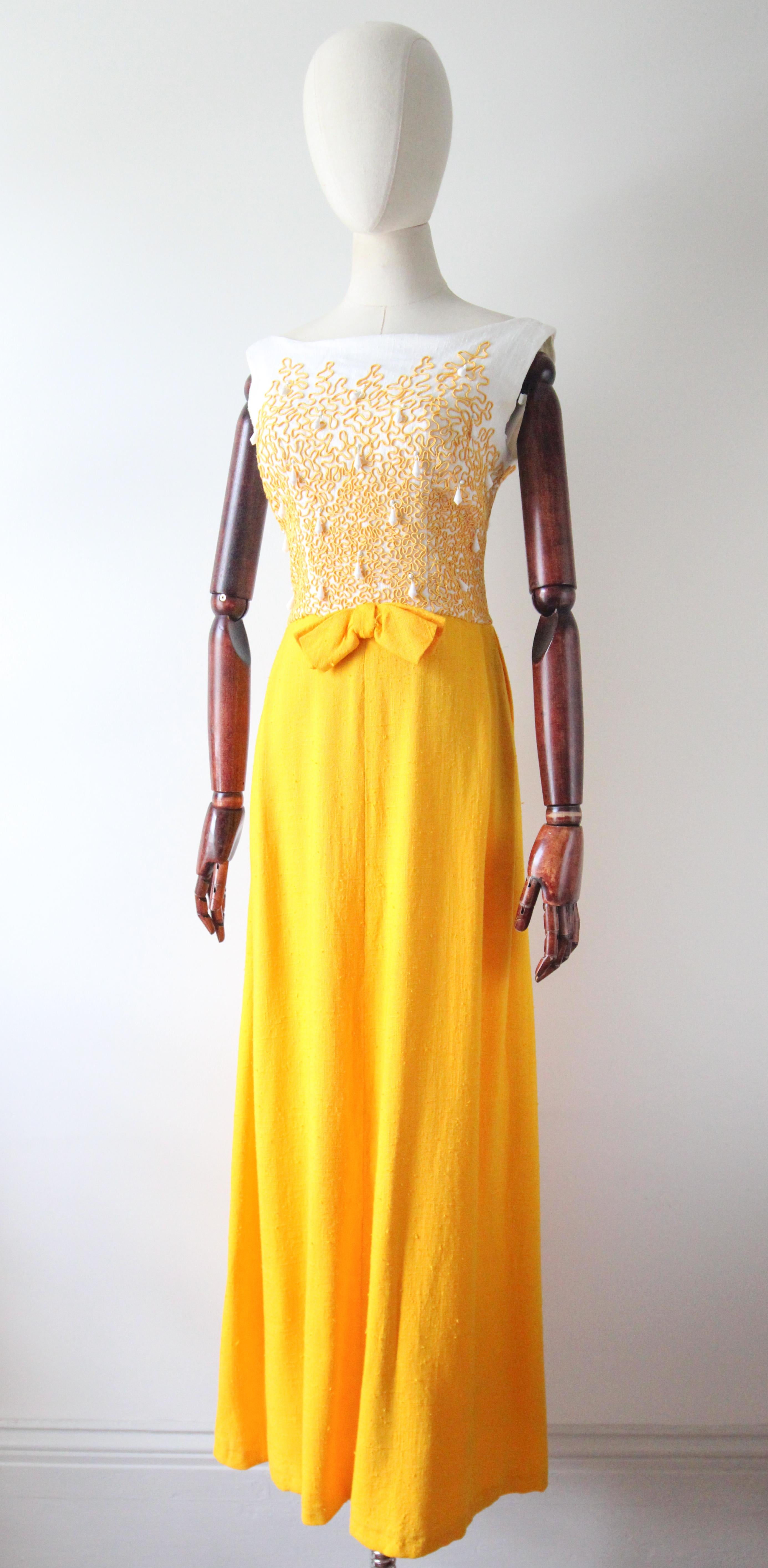 Women's or Men's Vintage 1960's Yellow Soutache Beaded Evening Dress Sixties UK 8-10 US 4-6 For Sale