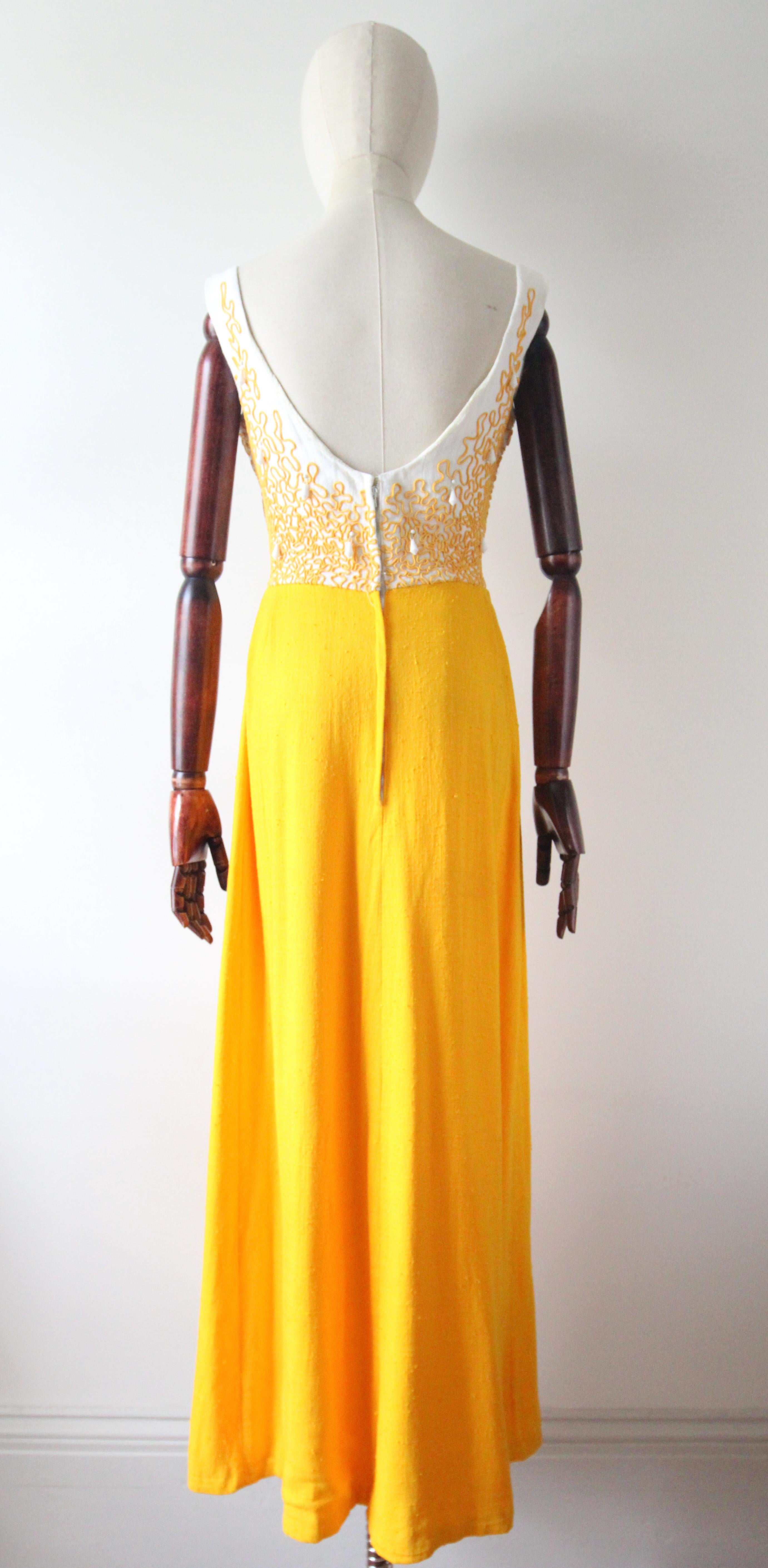 Vintage 1960's Yellow Soutache Beaded Evening Dress Sixties UK 8-10 US 4-6 For Sale 1
