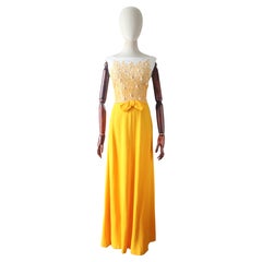 Vintage 1960's Yellow Soutache Beaded Evening Dress Sixties UK 8-10 US 4-6