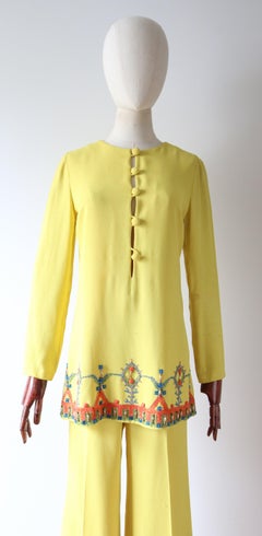Vintage 1960's Yellow Tunic Trouser Set Yellow Polly Peck Beaded Suit UK 8 US 4