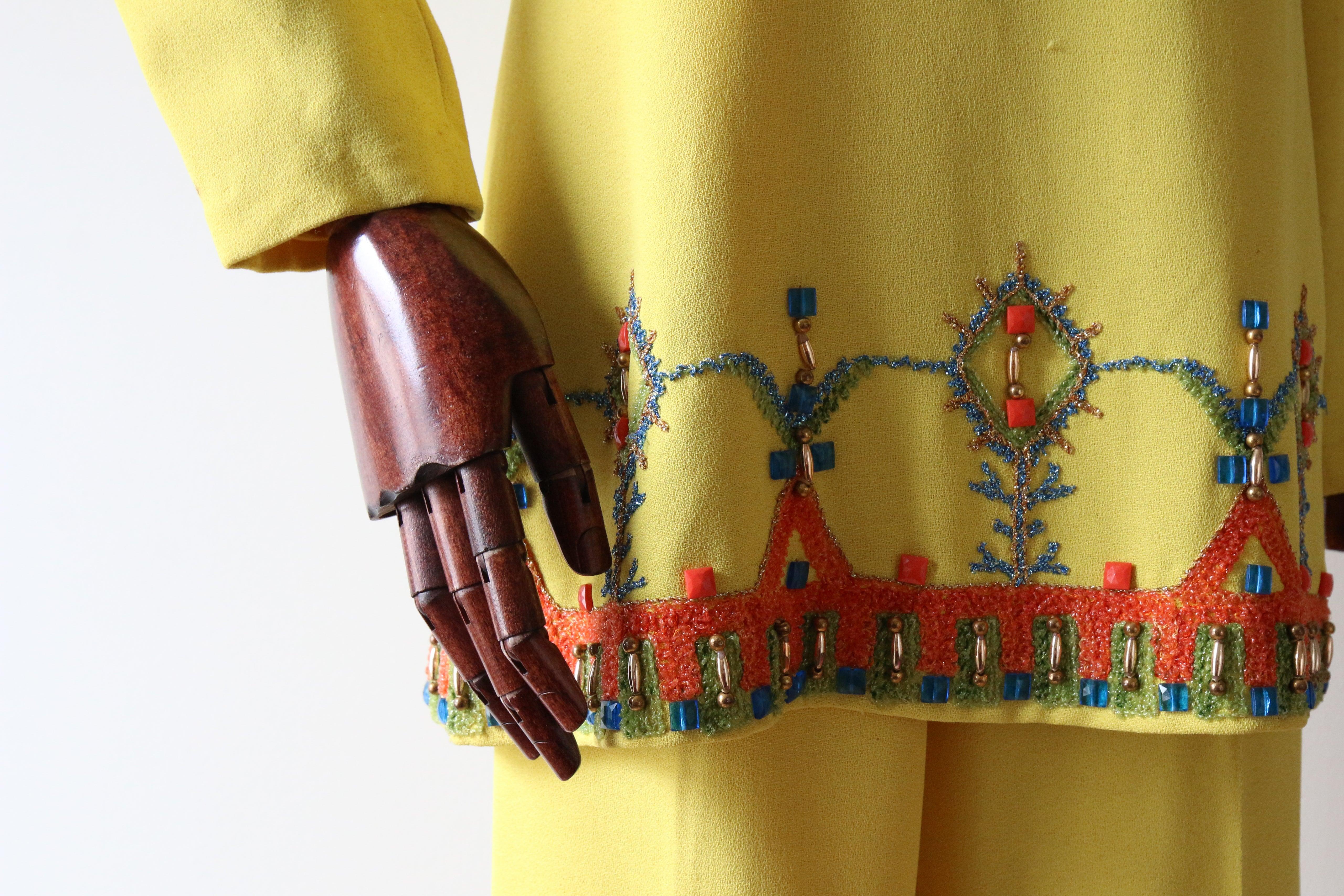 Women's Vintage 1960's Yellow Tunic Trouser Set Yellow Polly Peck Beaded Suit UK 8 US 4