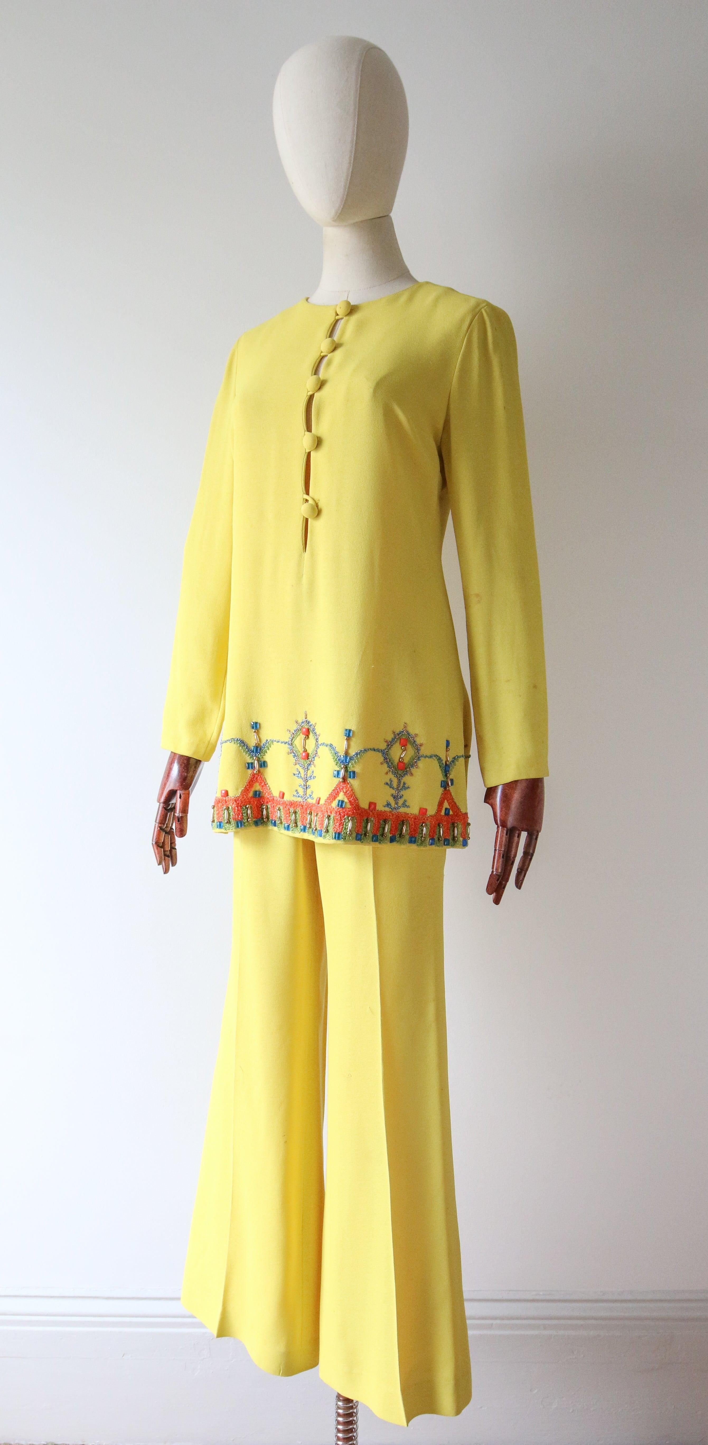 Vintage 1960's Yellow Tunic Trouser Set Yellow Polly Peck Beaded Suit UK 8 US 4 1