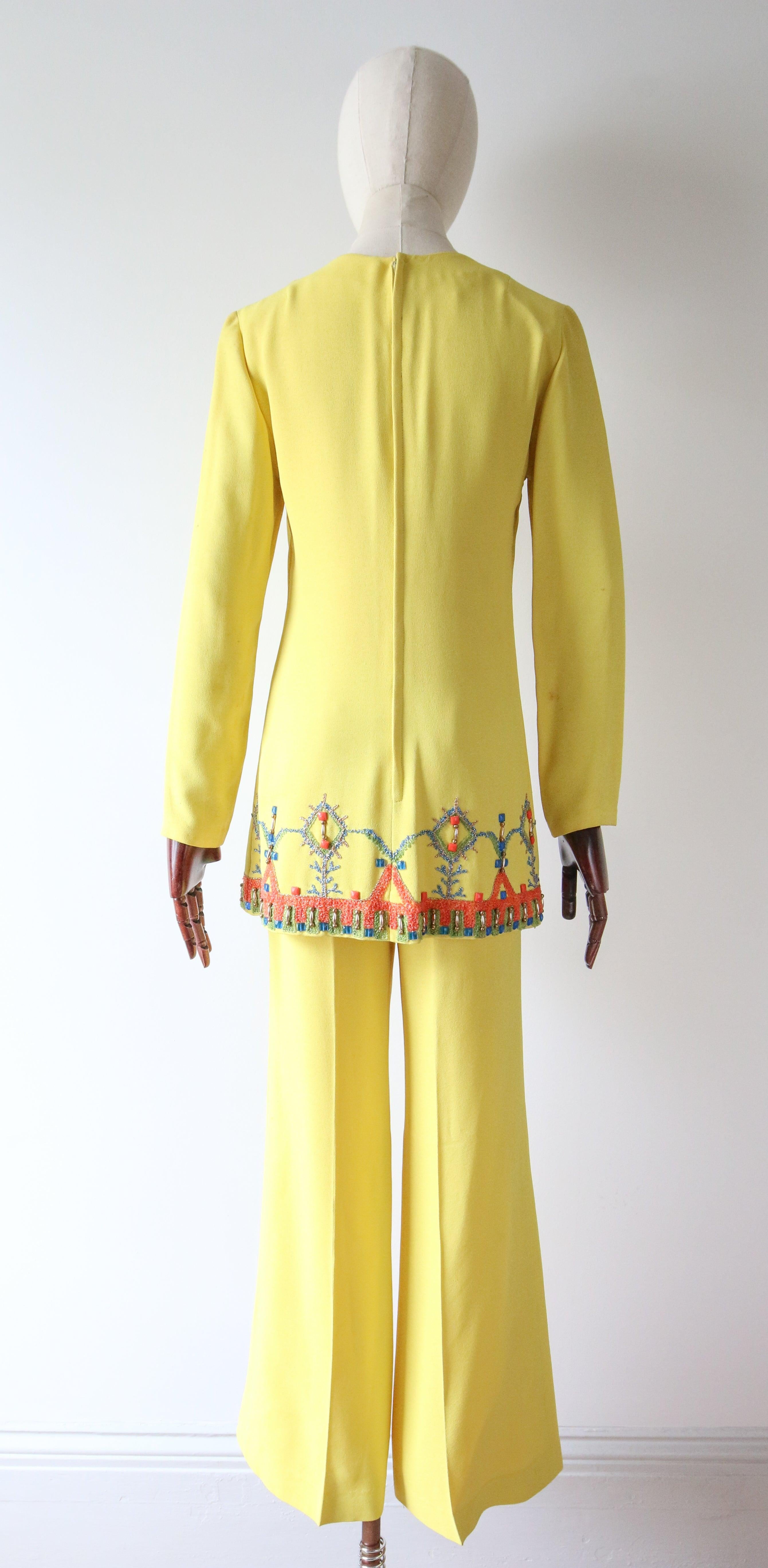 Vintage 1960's Yellow Tunic Trouser Set Yellow Polly Peck Beaded Suit UK 8 US 4 2