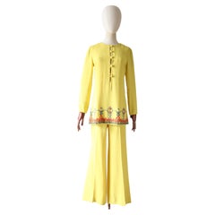 Vintage 1960's Yellow Tunic Trouser Set Yellow Polly Peck Beaded Suit UK 8 US 4